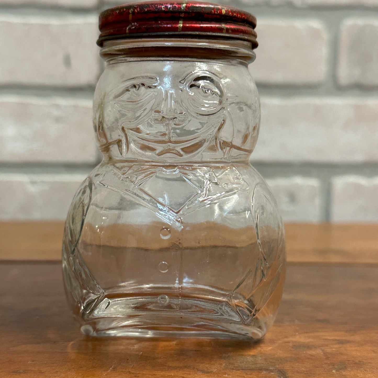 VINTAGE SUN-RA HOT DOG SAUCE GLASS JAR TIPPING SMILING MAN IN TUXEDO W/ LID