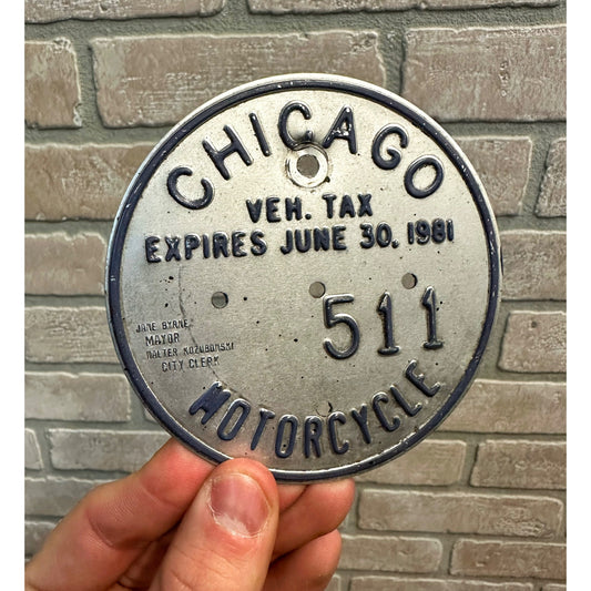 Vintage 1981 Chicago Motorcycle Vehicle Tax Tag Embossed Sign