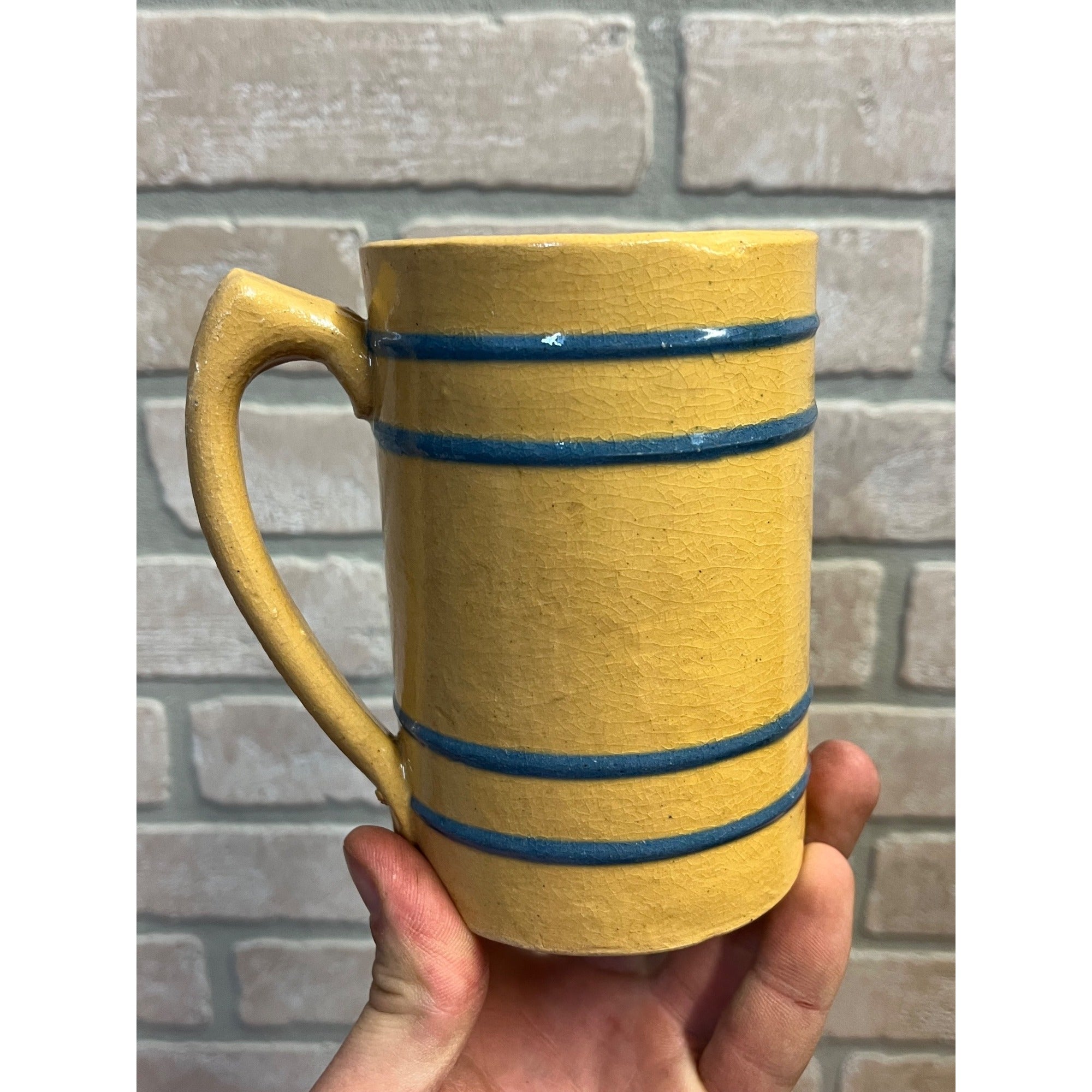 Vintage Buckeye Stoneware Company / Yellow Ware Mug / Blue Stripe / Primitive Stoneware / Farmhouse / Kitchen Decor