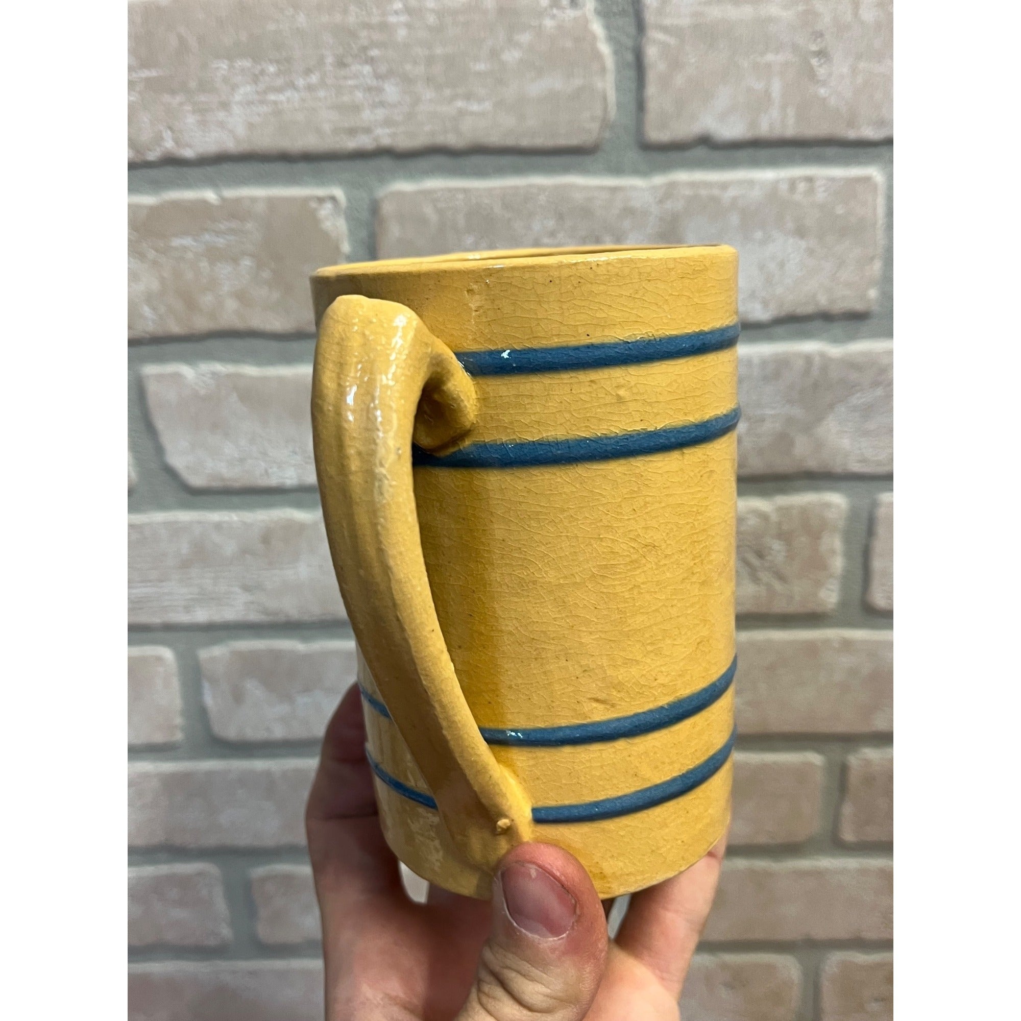 Vintage Buckeye Stoneware Company / Yellow Ware Mug / Blue Stripe / Primitive Stoneware / Farmhouse / Kitchen Decor