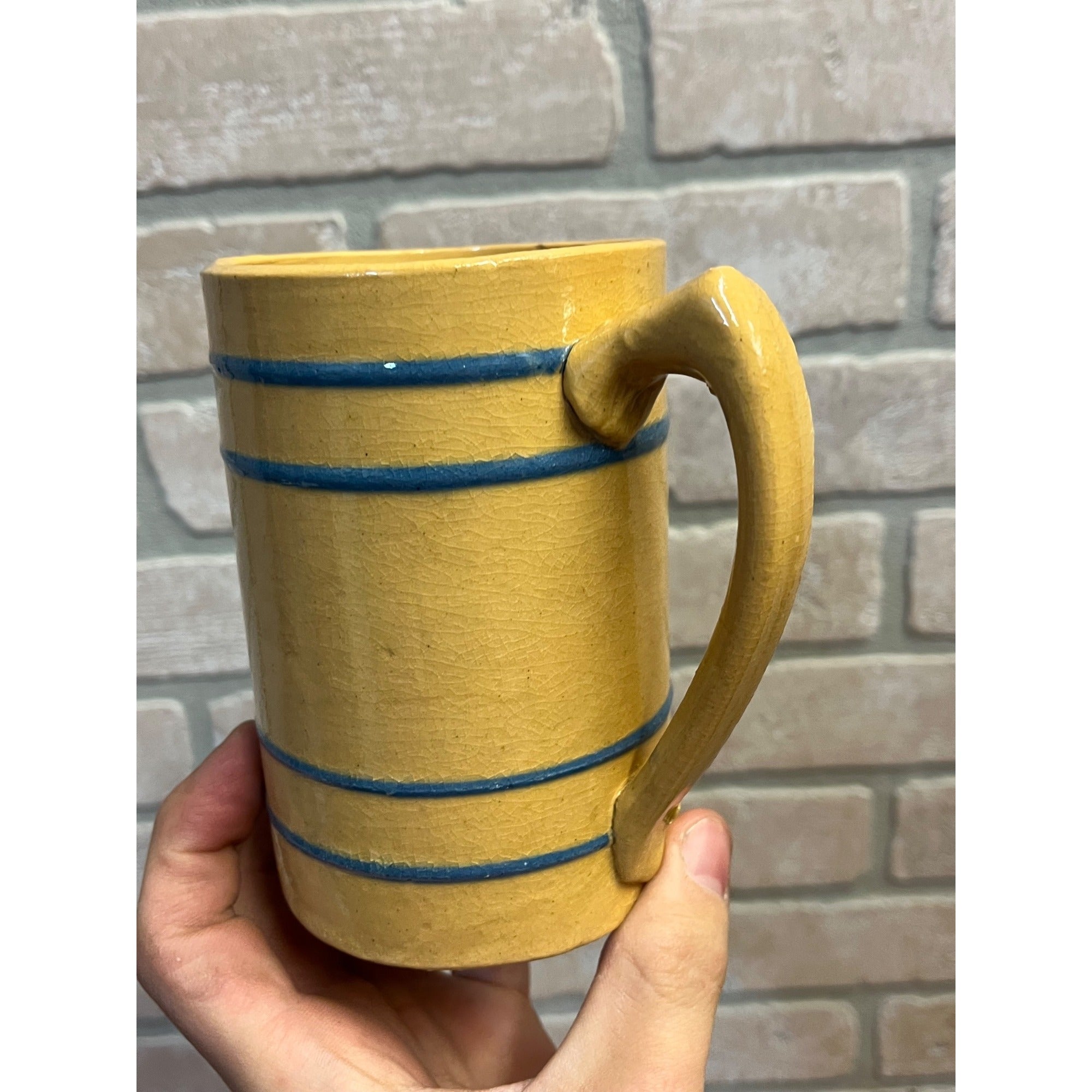 Vintage Buckeye Stoneware Company / Yellow Ware Mug / Blue Stripe / Primitive Stoneware / Farmhouse / Kitchen Decor