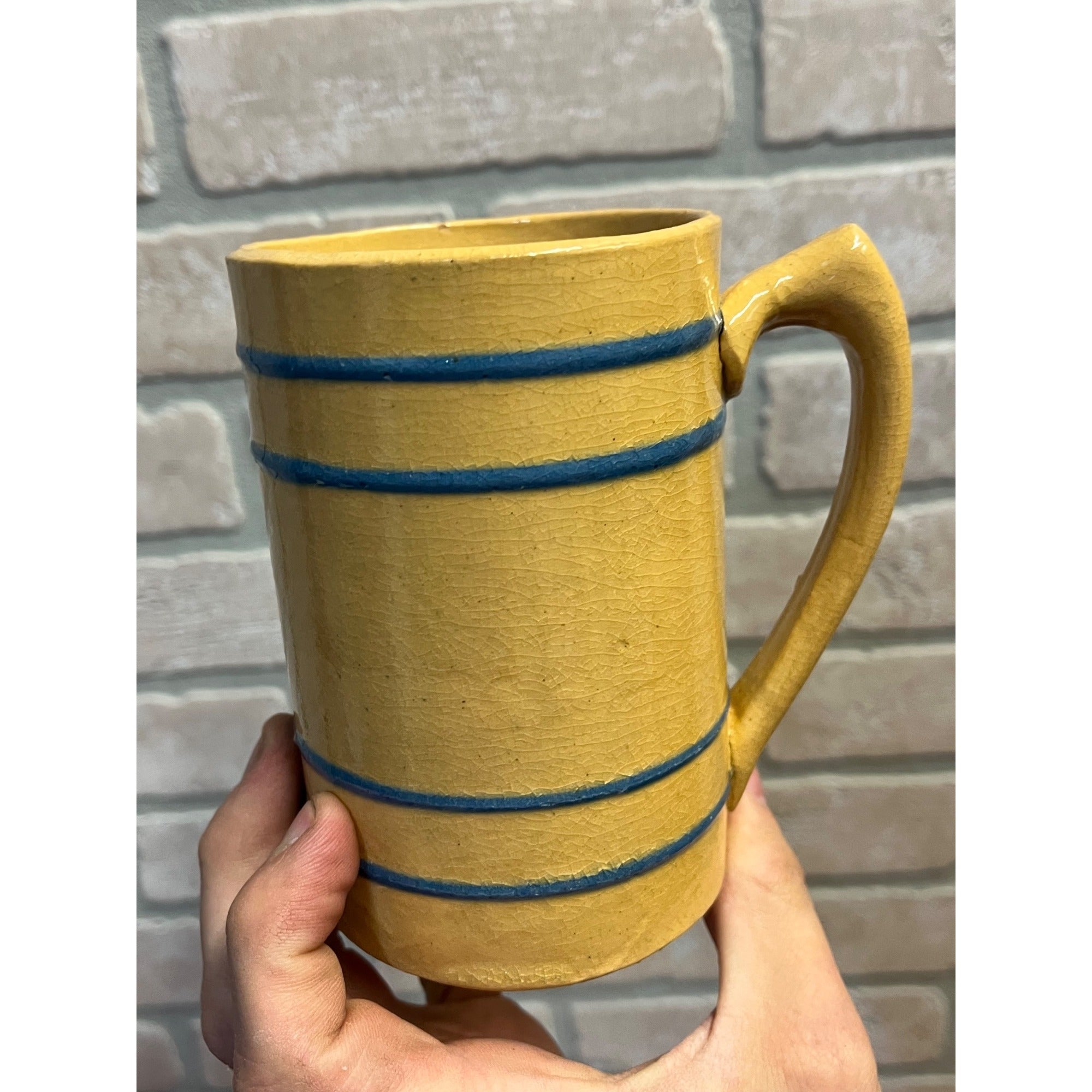 Vintage Buckeye Stoneware Company / Yellow Ware Mug / Blue Stripe / Primitive Stoneware / Farmhouse / Kitchen Decor