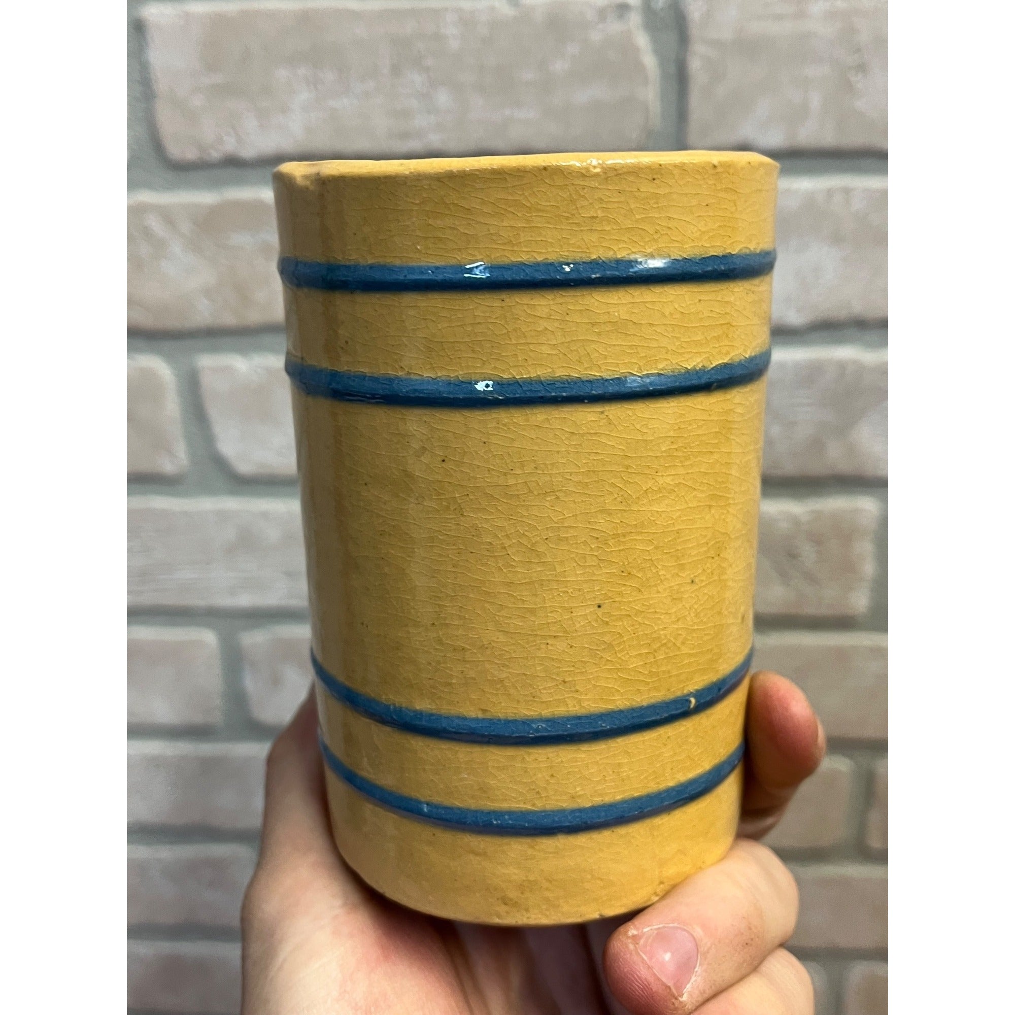 Vintage Buckeye Stoneware Company / Yellow Ware Mug / Blue Stripe / Primitive Stoneware / Farmhouse / Kitchen Decor