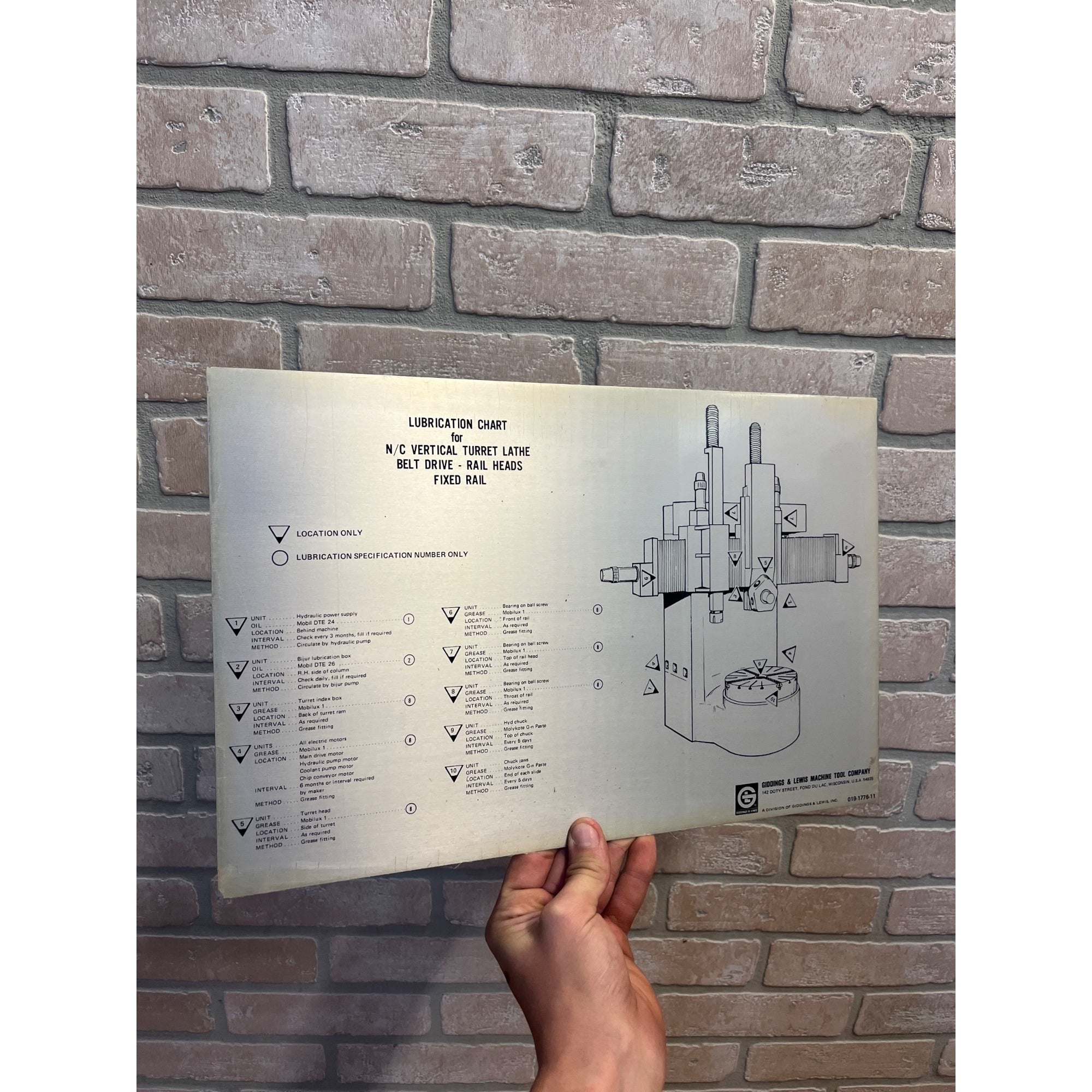 Vintage Giddings & Lewis Machine Tool Company Lubrication Chart Sign Advertising
