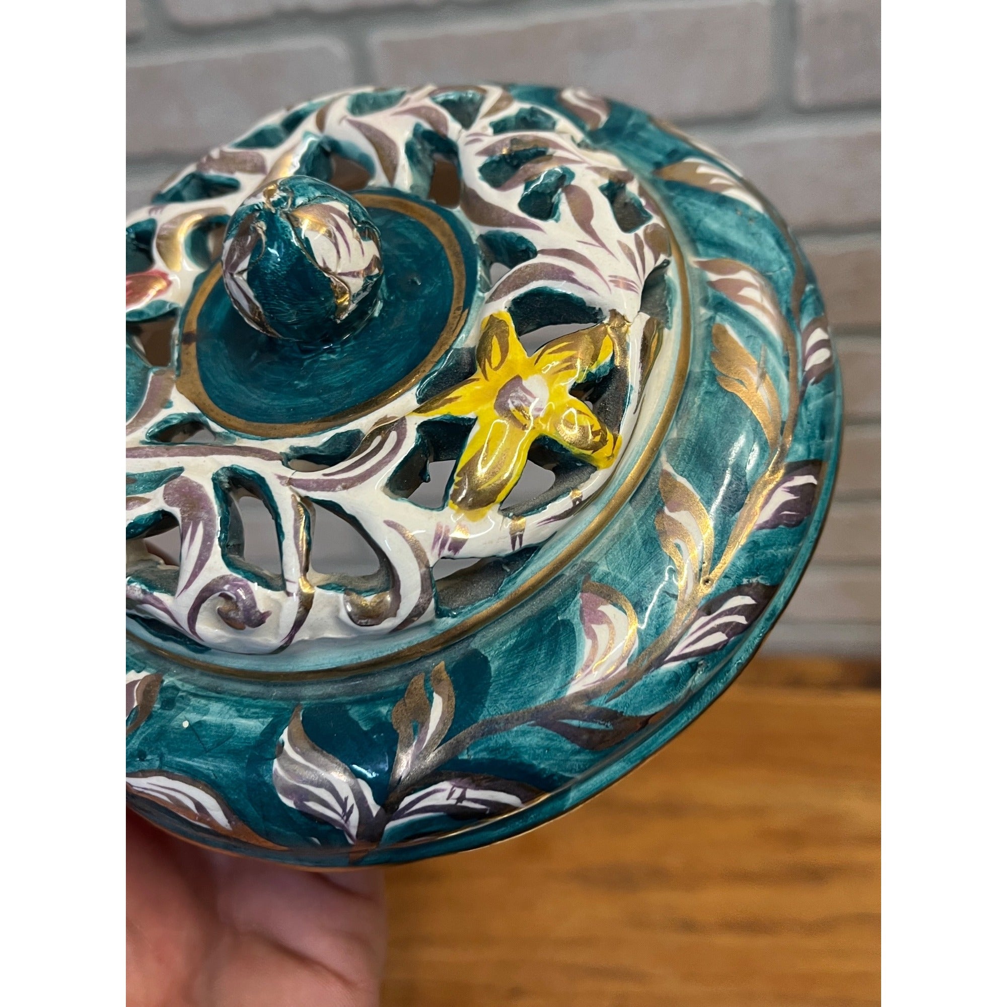 Vintage Capodimonte Italy Porcelain Candy Dish Lidded Trinket Bowl Green Gold