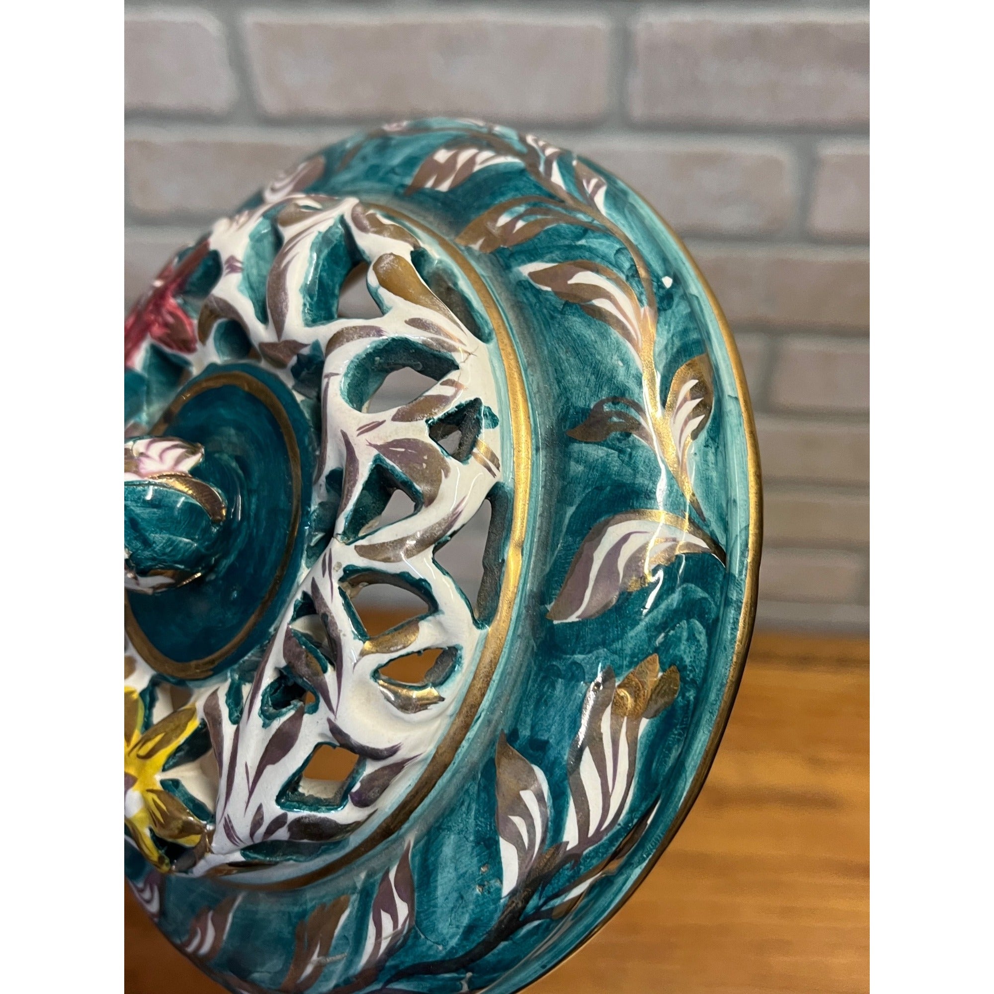 Vintage Capodimonte Italy Porcelain Candy Dish Lidded Trinket Bowl Green Gold