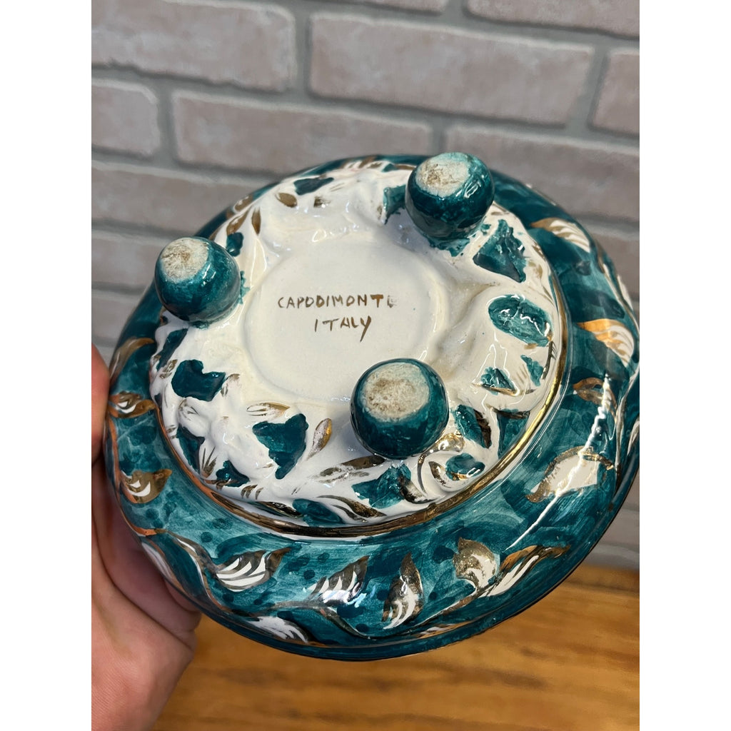 Vintage Capodimonte Italy Porcelain Candy Dish Lidded Trinket Bowl Green Gold