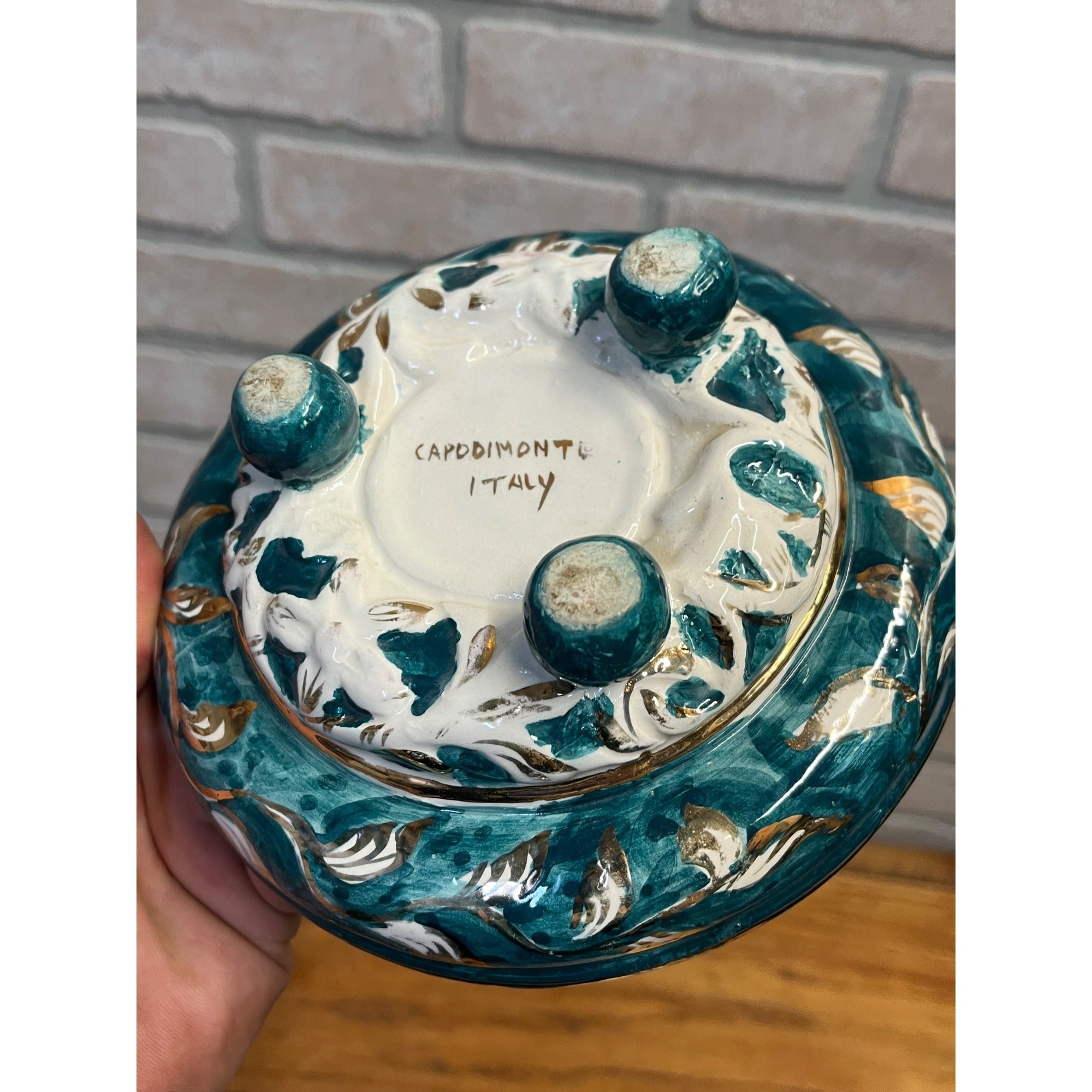 Vintage Capodimonte Italy Porcelain Candy Dish Lidded Trinket Bowl Green Gold