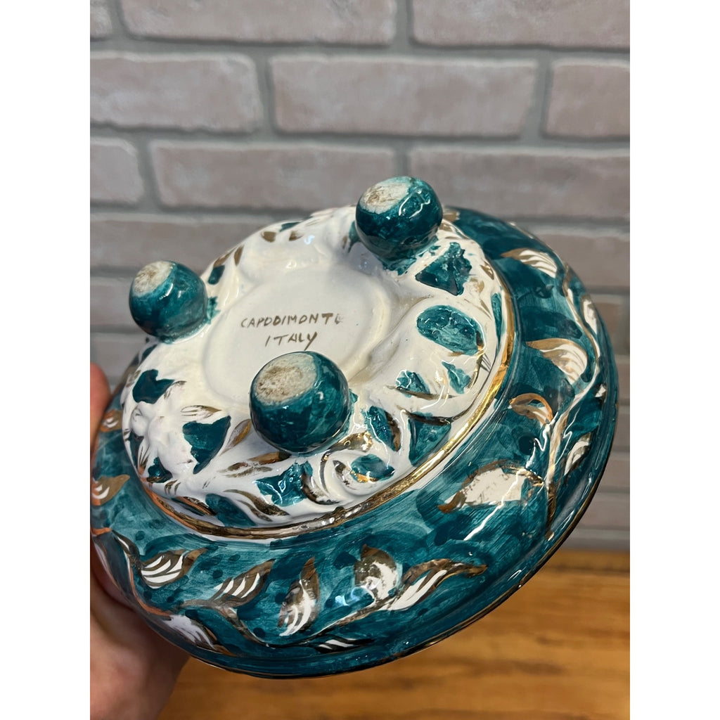 Vintage Capodimonte Italy Porcelain Candy Dish Lidded Trinket Bowl Green Gold