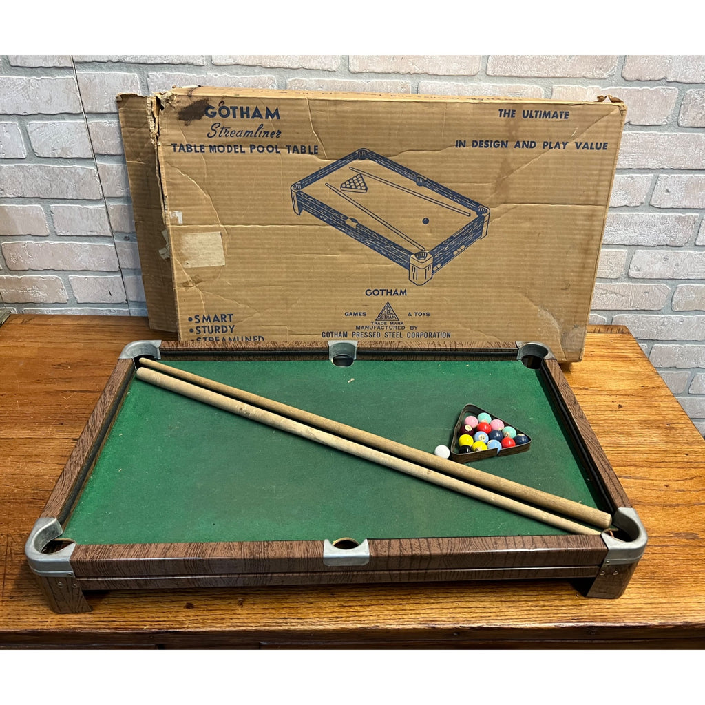 Vintage 1920s Gotham Pressed Steel Toy Streamliner Table Top Pool Table w/ Box