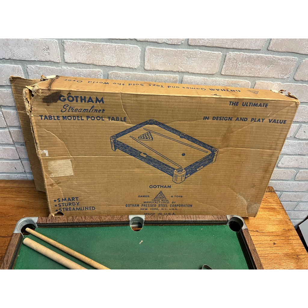 Vintage 1920s Gotham Pressed Steel Toy Streamliner Table Top Pool Table w/ Box