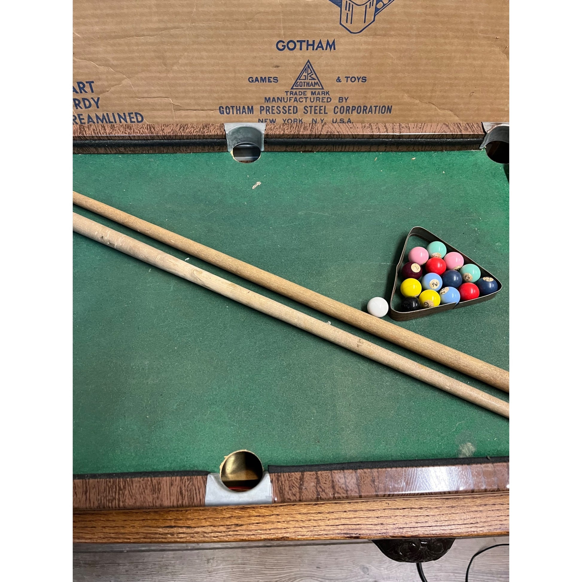 Vintage 1920s Gotham Pressed Steel Toy Streamliner Table Top Pool Table w/ Box