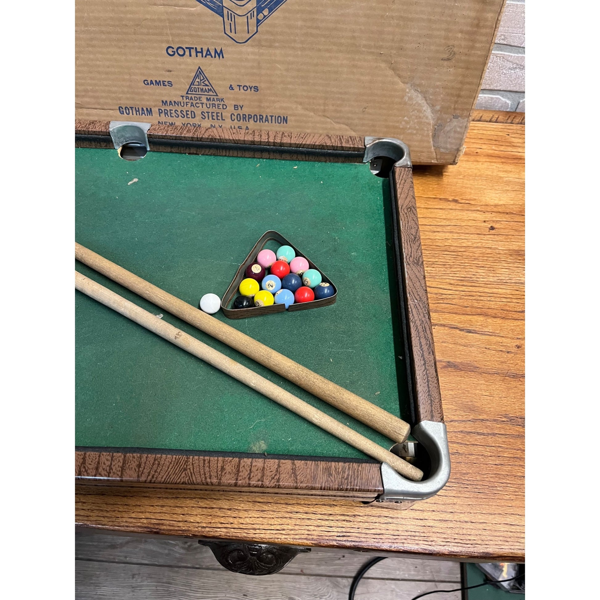 Vintage 1920s Gotham Pressed Steel Toy Streamliner Table Top Pool Table w/ Box