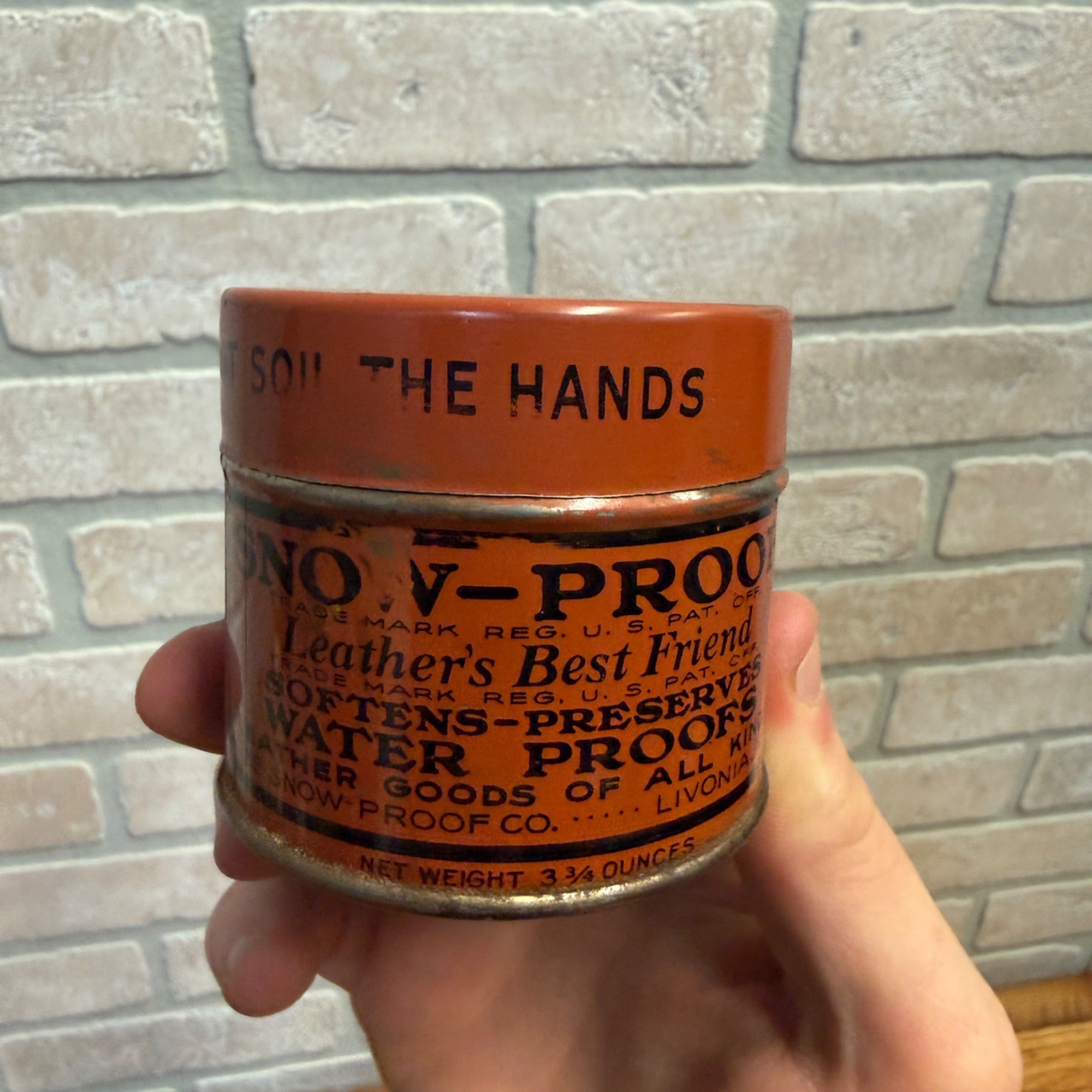 Vintage Empty Snow-Proof Leather Conditioner Water Proofs 3 & 3/4 Oz. Tin Can
