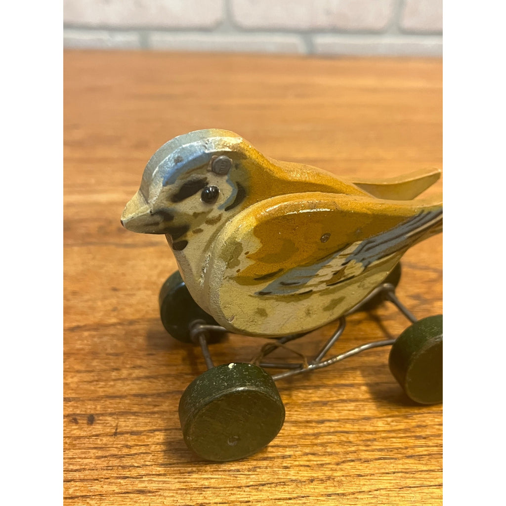 Antique c1920 Steiff Pick Spatz Wood Sparrow Bird Pull Toy Button Rare 5.75"
