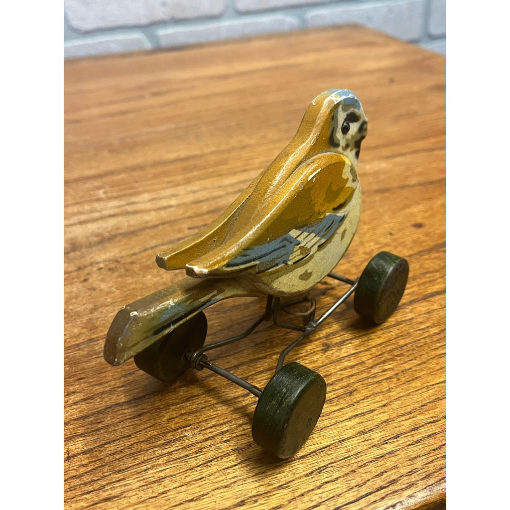 Antique c1920 Steiff Pick Spatz Wood Sparrow Bird Pull Toy Button Rare 5.75"