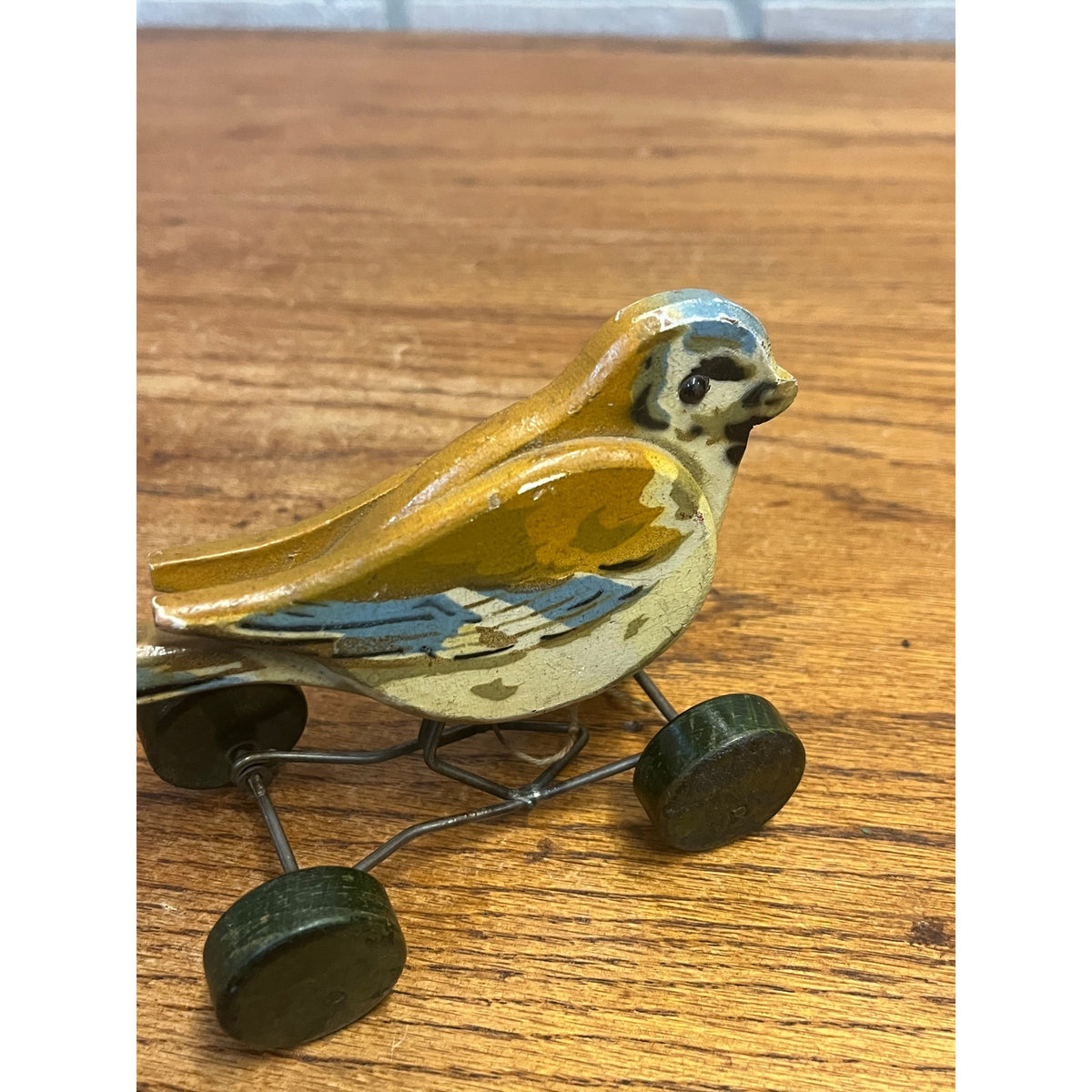 Antique c1920 Steiff Pick Spatz Wood Sparrow Bird Pull Toy Button Rare 5.75"