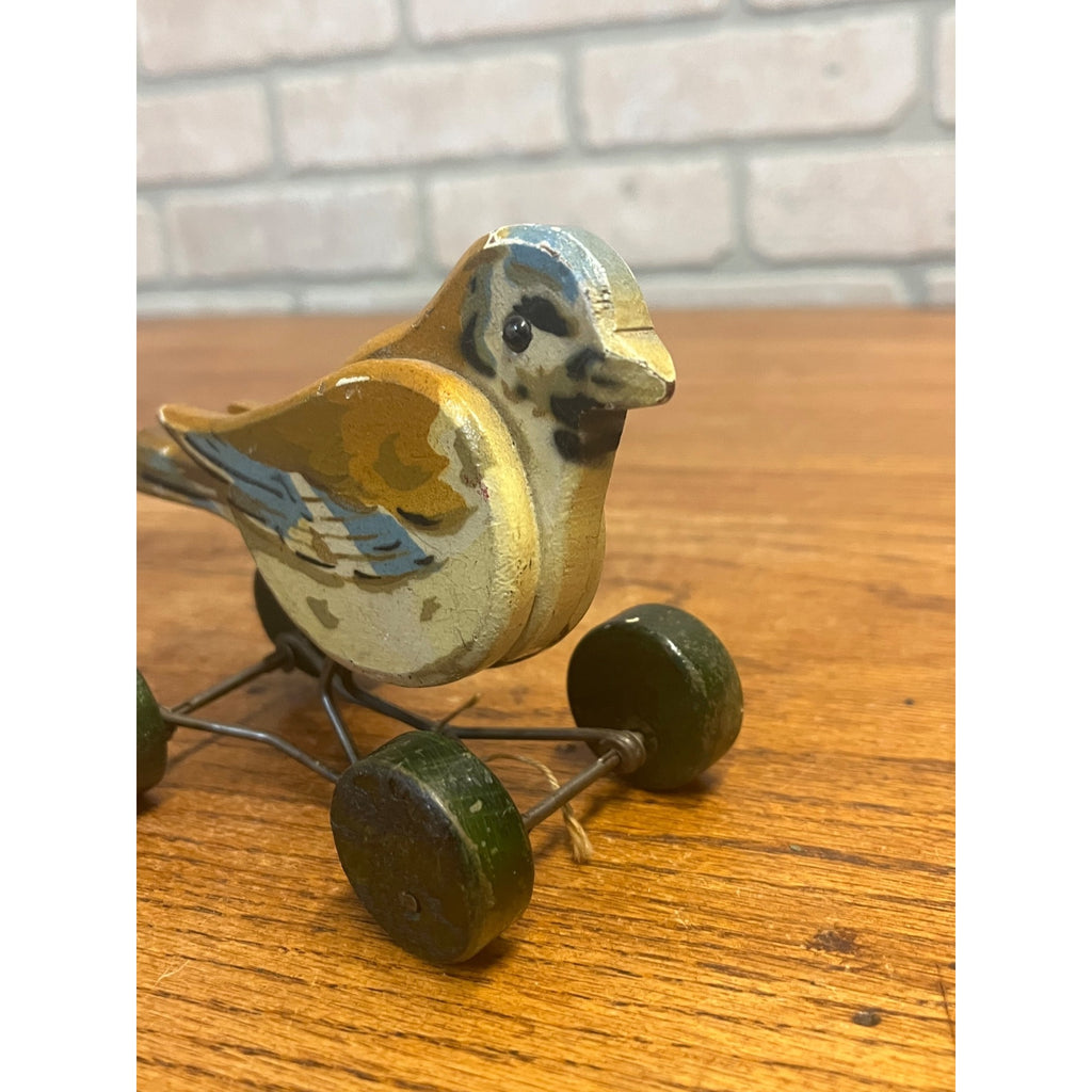 Antique c1920 Steiff Pick Spatz Wood Sparrow Bird Pull Toy Button Rare 5.75"