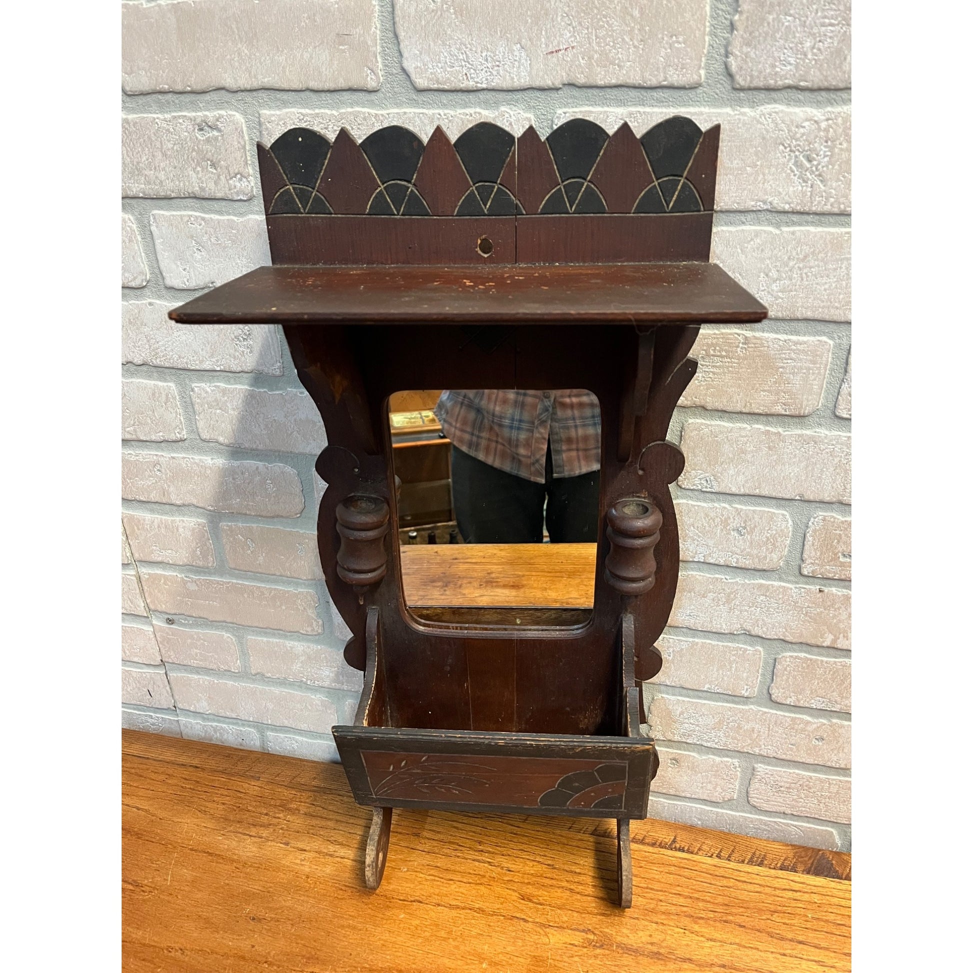 Antique Victorian Shaving Wall Mirror w/ Shelf Compartment Towel Rack Candle Box