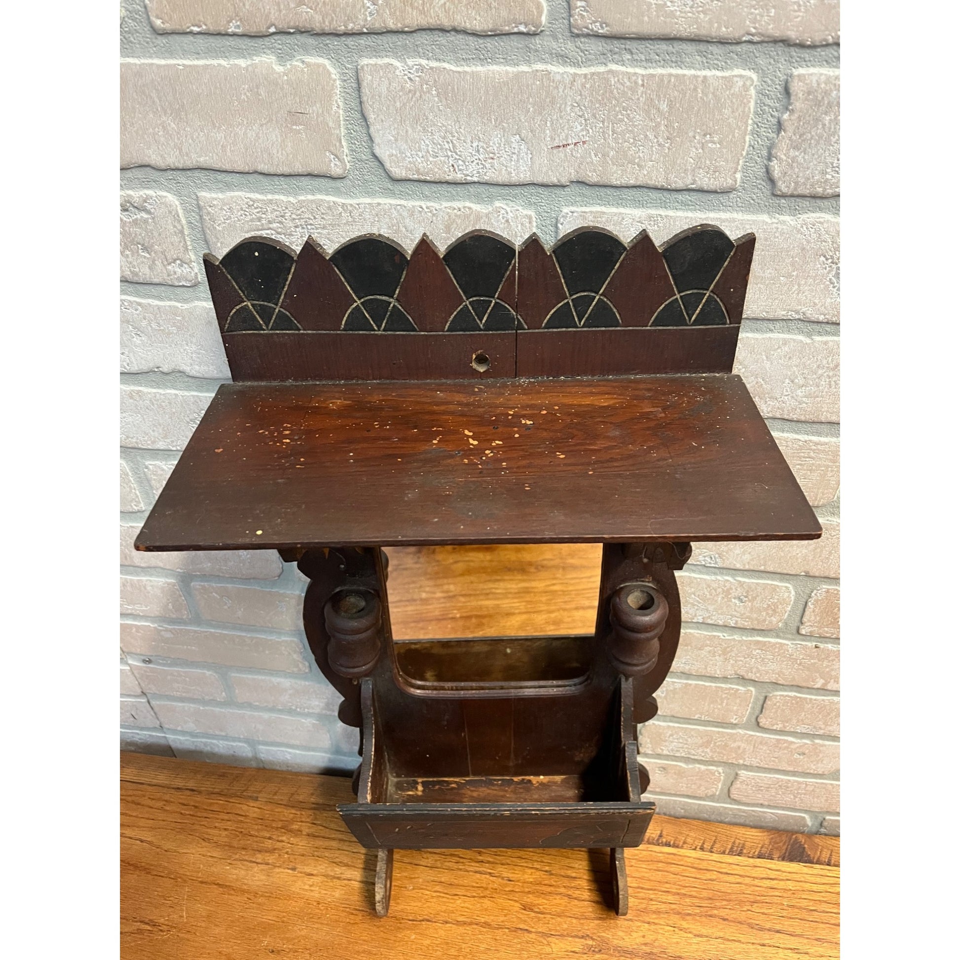 Antique Victorian Shaving Wall Mirror w/ Shelf Compartment Towel Rack Candle Box