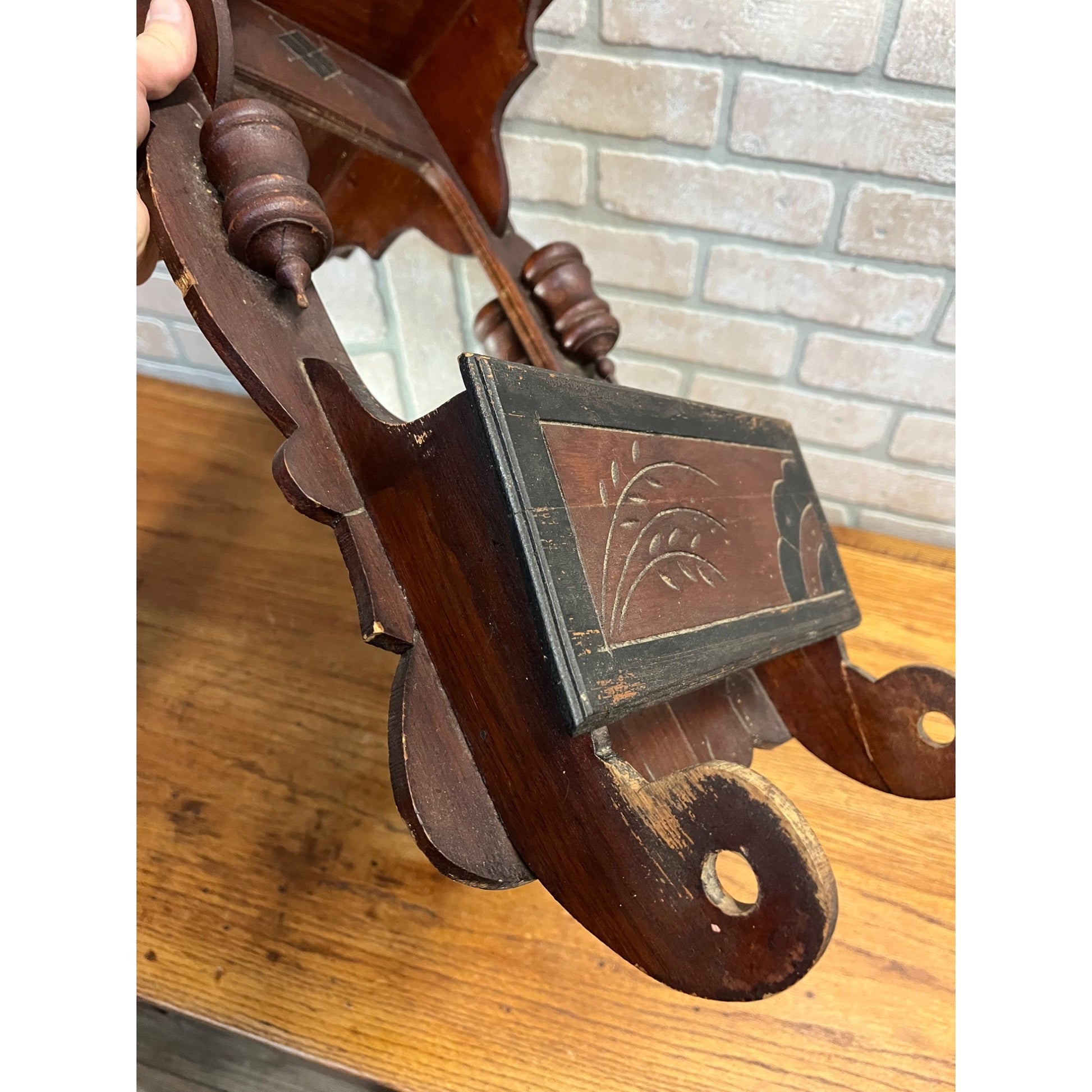 Antique Victorian Shaving Wall Mirror w/ Shelf Compartment Towel Rack Candle Box