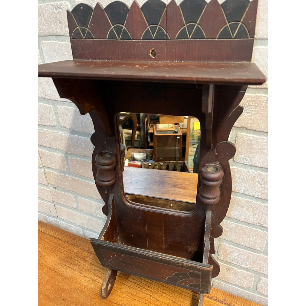 Antique Victorian Shaving Wall Mirror w/ Shelf Compartment Towel Rack Candle Box