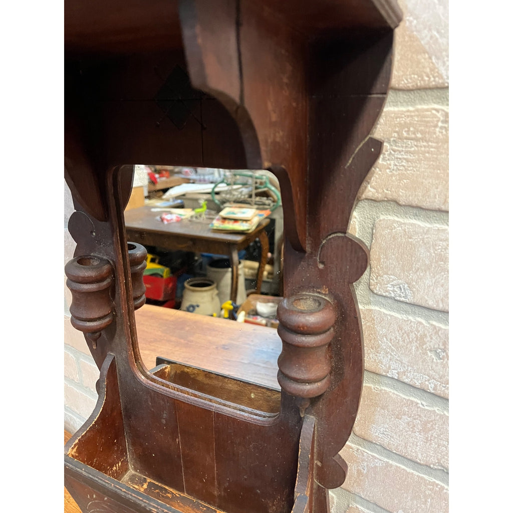 Antique Victorian Shaving Wall Mirror w/ Shelf Compartment Towel Rack Candle Box