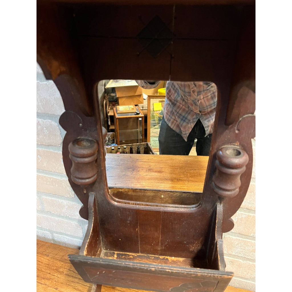 Antique Victorian Shaving Wall Mirror w/ Shelf Compartment Towel Rack Candle Box