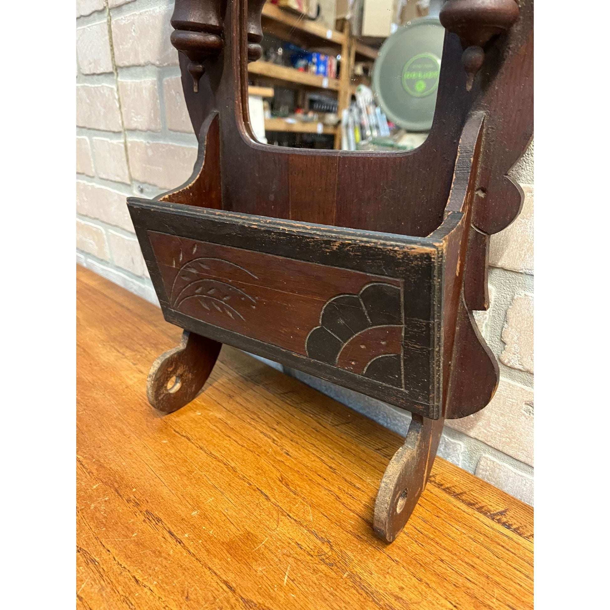 Antique Victorian Shaving Wall Mirror w/ Shelf Compartment Towel Rack Candle Box