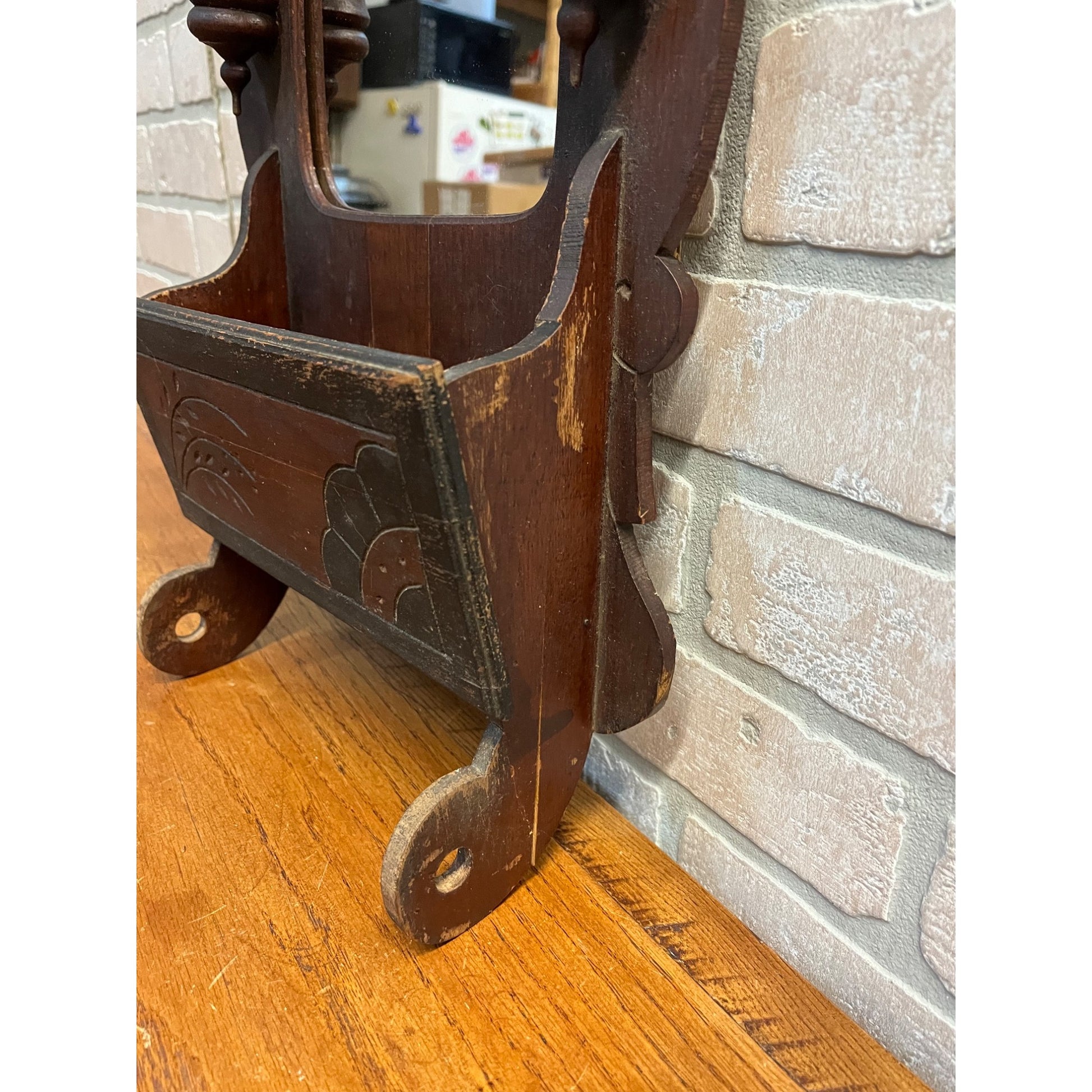 Antique Victorian Shaving Wall Mirror w/ Shelf Compartment Towel Rack Candle Box