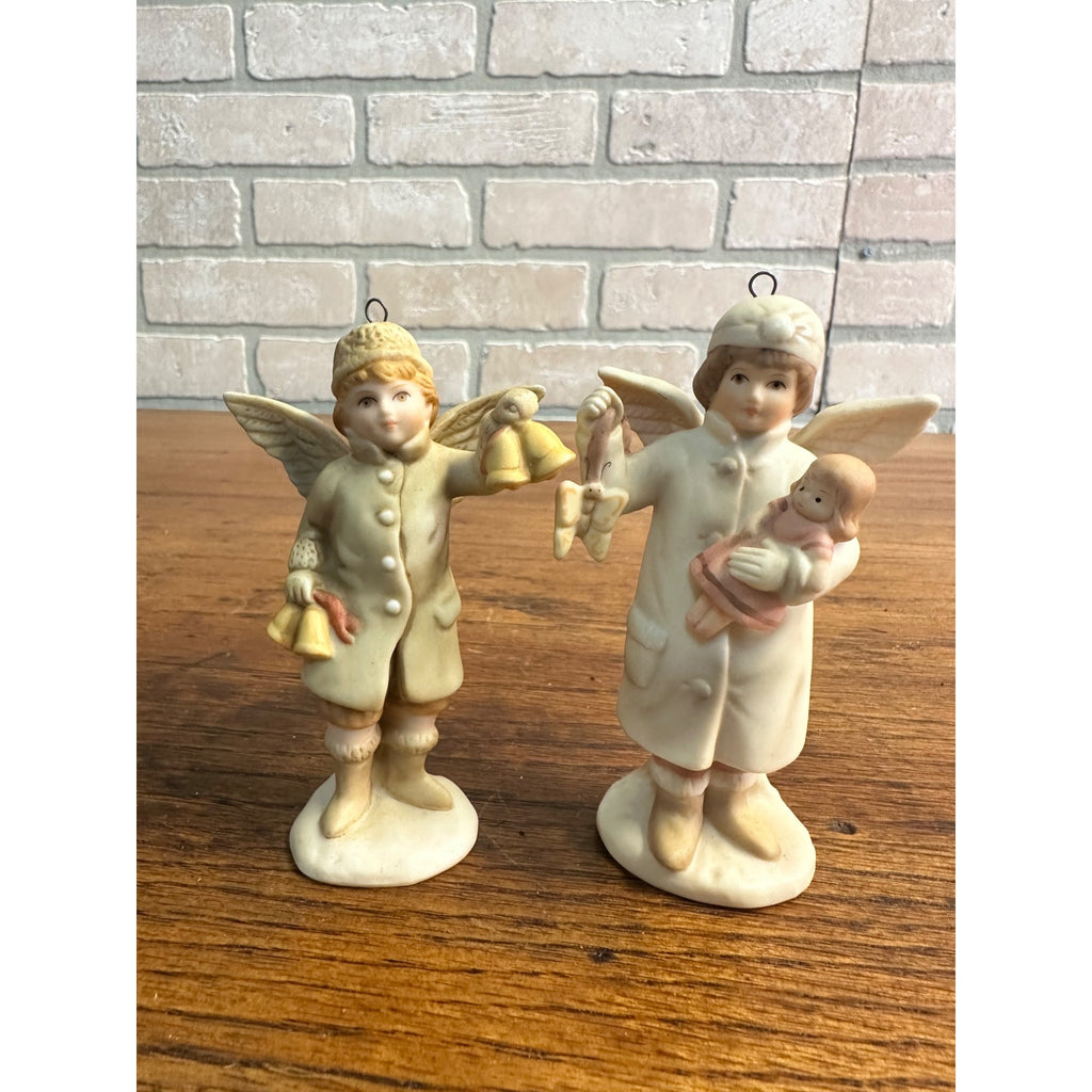 1985 Schmid Shackman Ceramic Angel Girl & Boy Figurines Christmas Ornaments