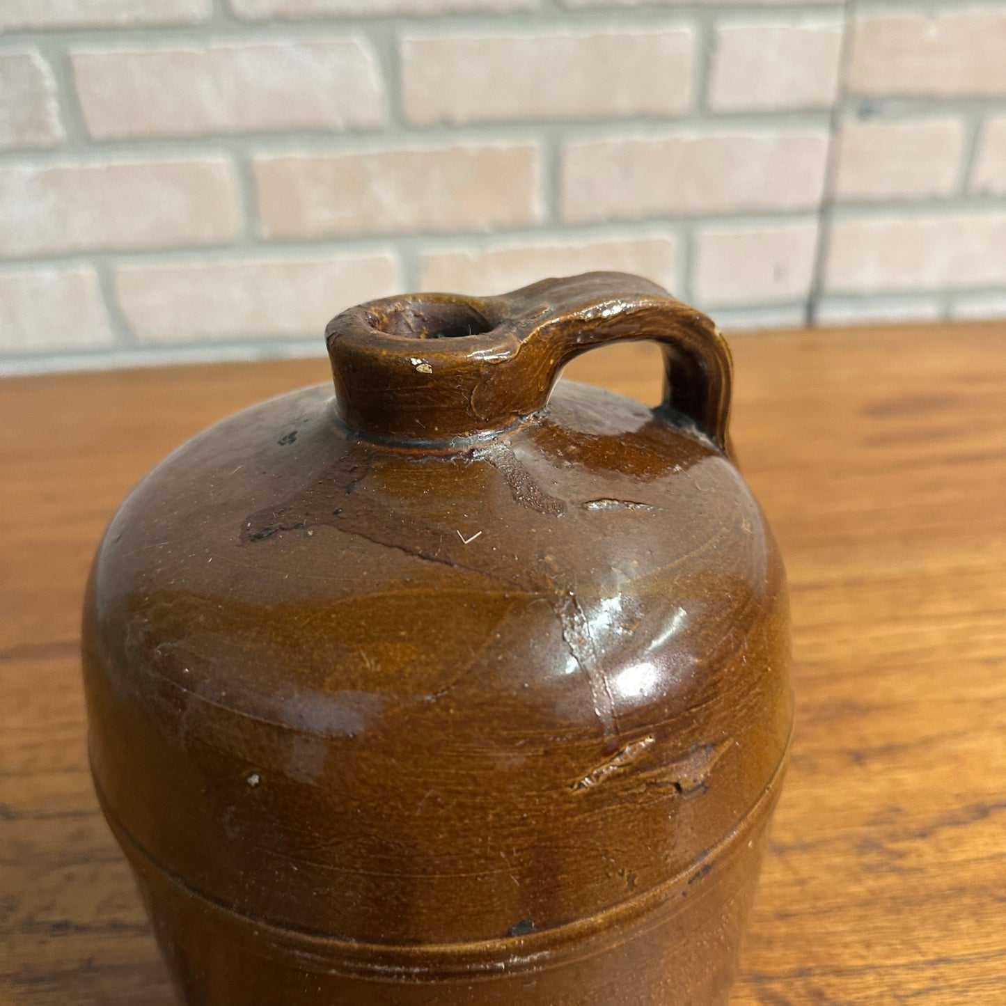 Antique Primitive 1/2 Gallon Stoneware Brown Glazed Banded Moonshine Jug Crock