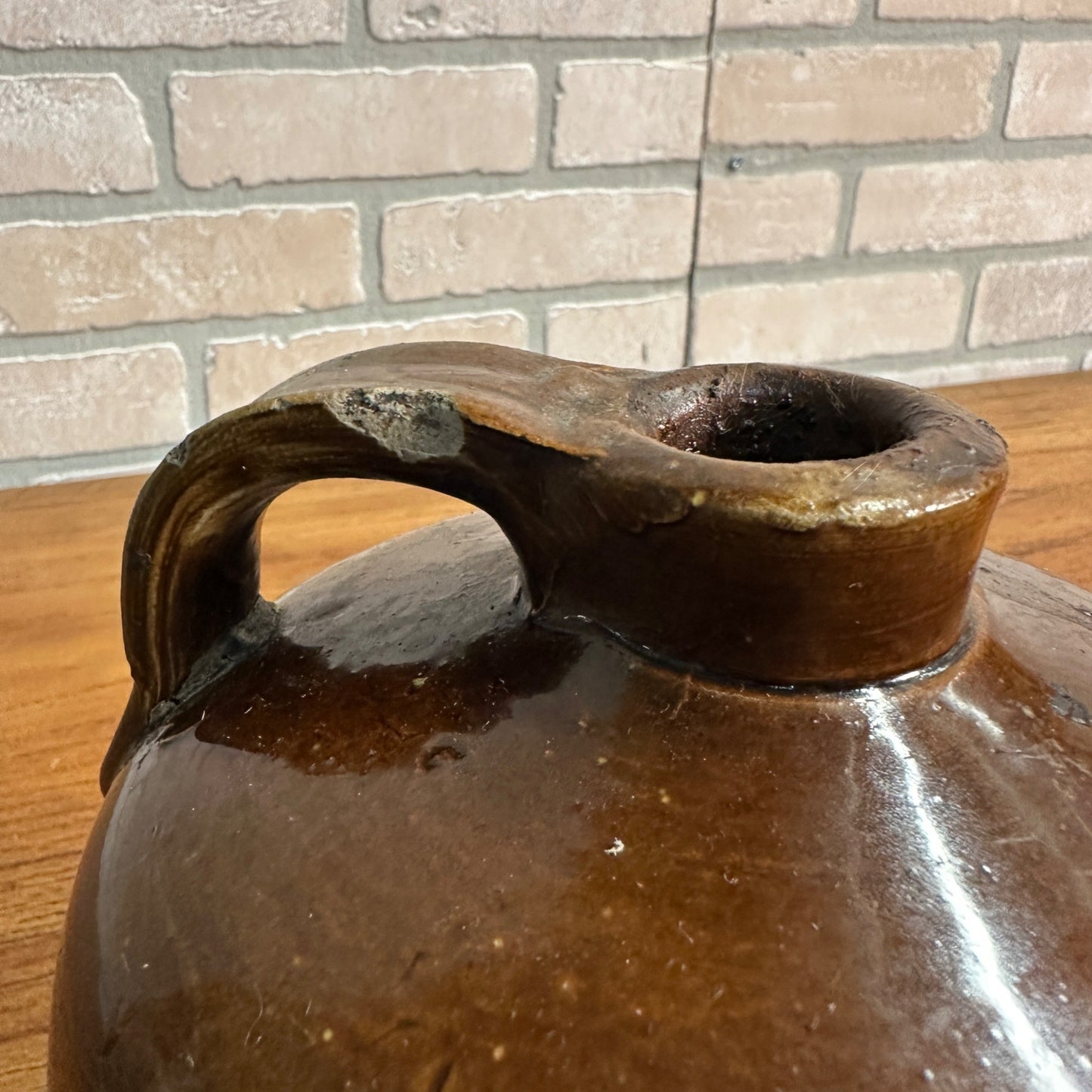 Antique Primitive 1/2 Gallon Stoneware Brown Glazed Banded Moonshine Jug Crock