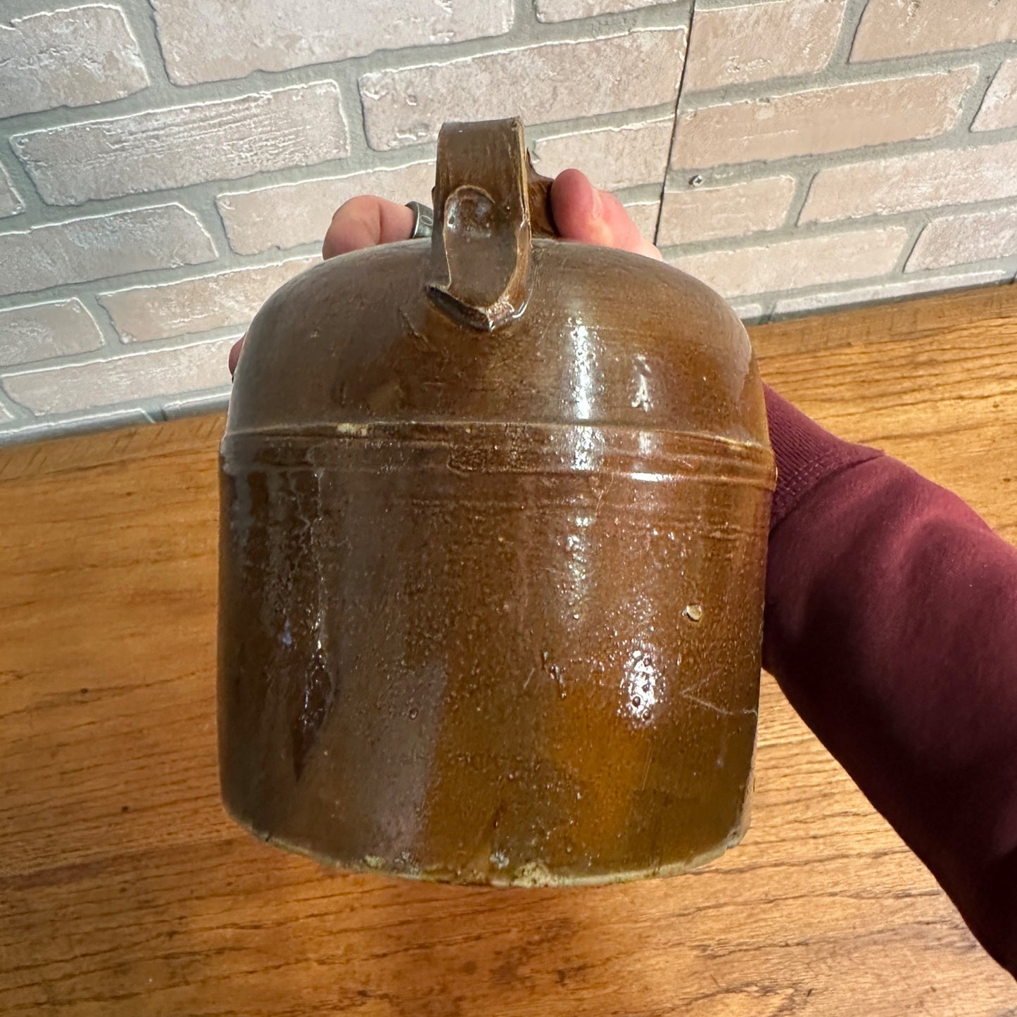 Antique Primitive 1/2 Gallon Stoneware Brown Glazed Banded Moonshine Jug Crock