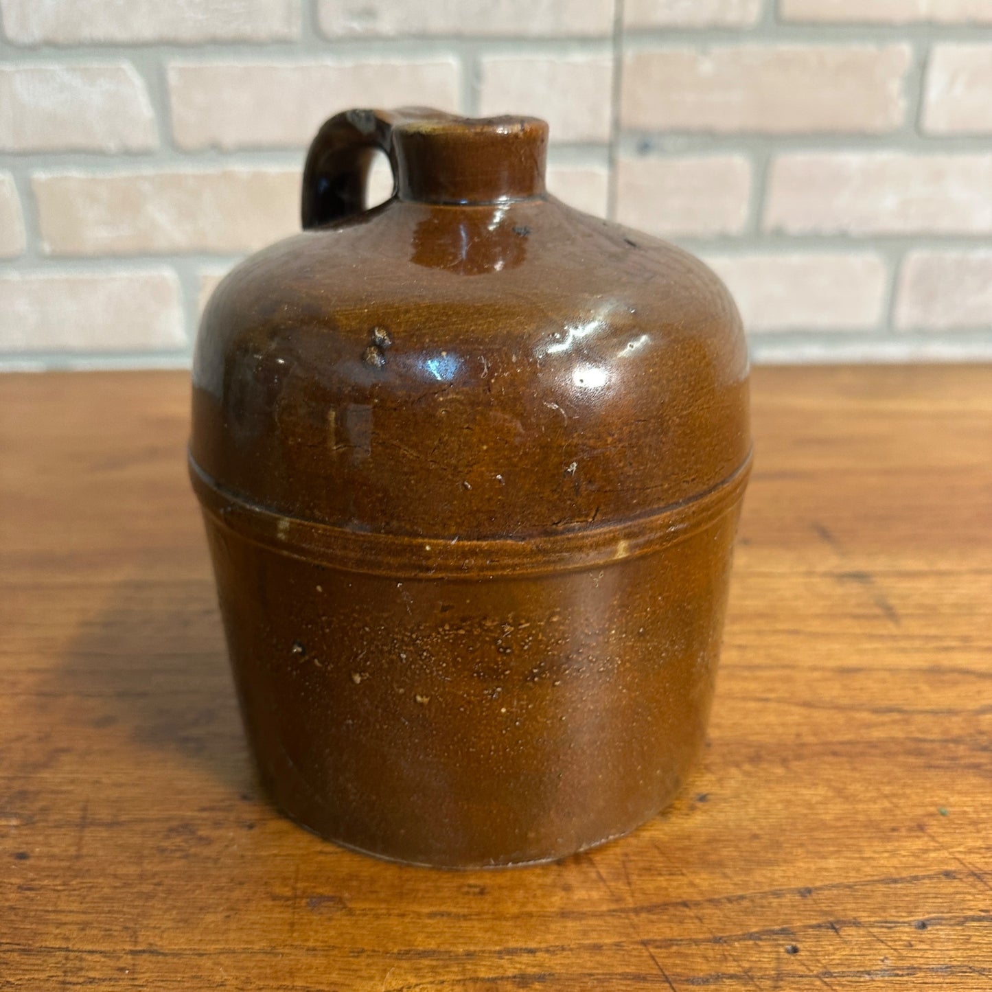 Antique Primitive 1/2 Gallon Stoneware Brown Glazed Banded Moonshine Jug Crock