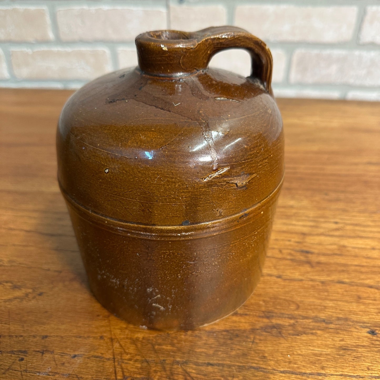 Antique Primitive 1/2 Gallon Stoneware Brown Glazed Banded Moonshine Jug Crock