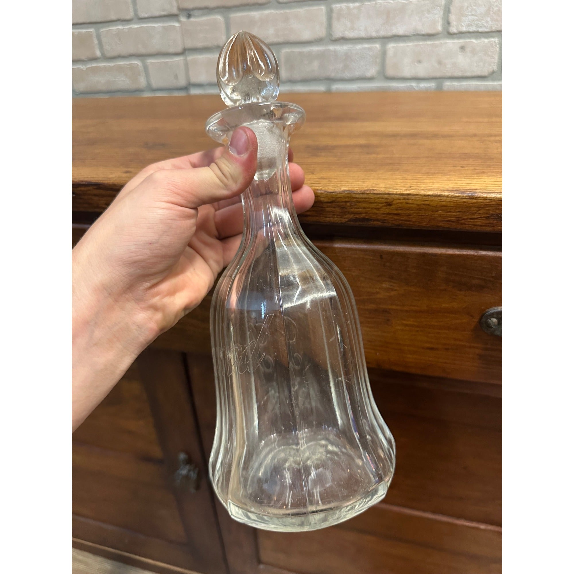 Vintage 1900s "Sprucewood" Whiskey Liquor Etched Glass Back Bar Decanter - Wisconsin?