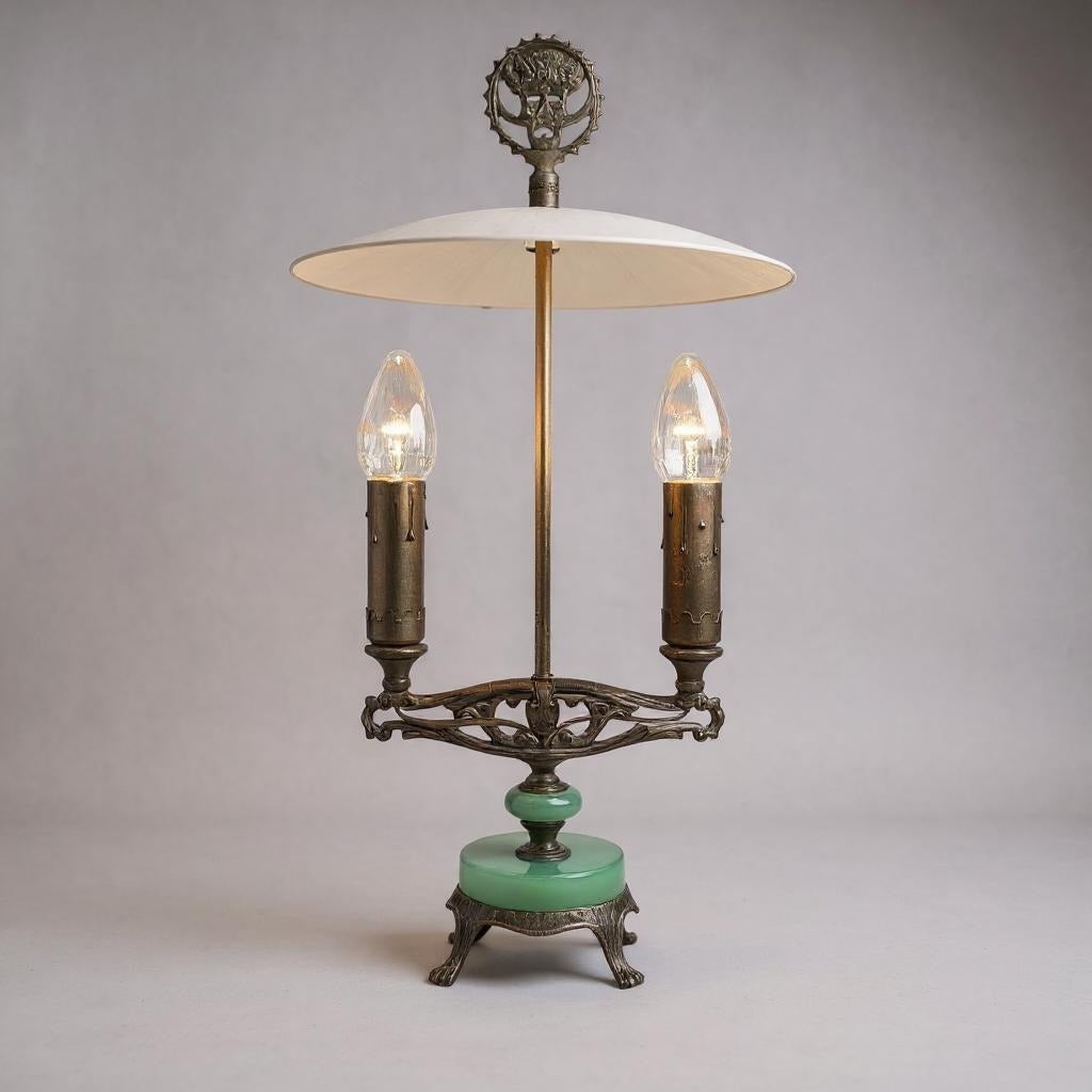 Art Deco Oscar Bach Jadeite Cast Lamp Light Devil Finial Double Socket Parlor