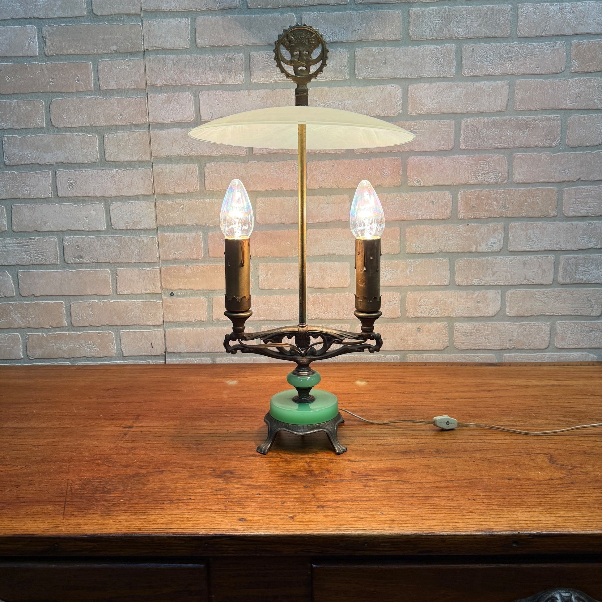 Art Deco Oscar Bach Jadeite Cast Lamp Light Devil Finial Double Socket Parlor