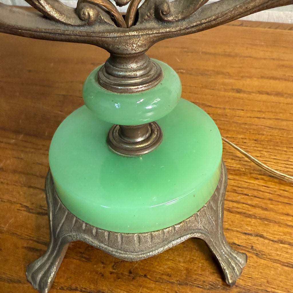 Art Deco Oscar Bach Jadeite Cast Lamp Light Devil Finial Double Socket Parlor
