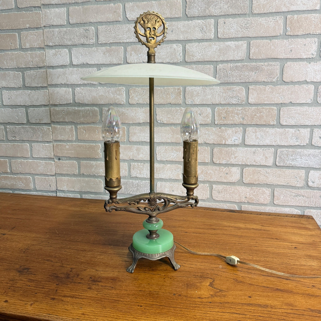 Art Deco Oscar Bach Jadeite Cast Lamp Light Devil Finial Double Socket Parlor