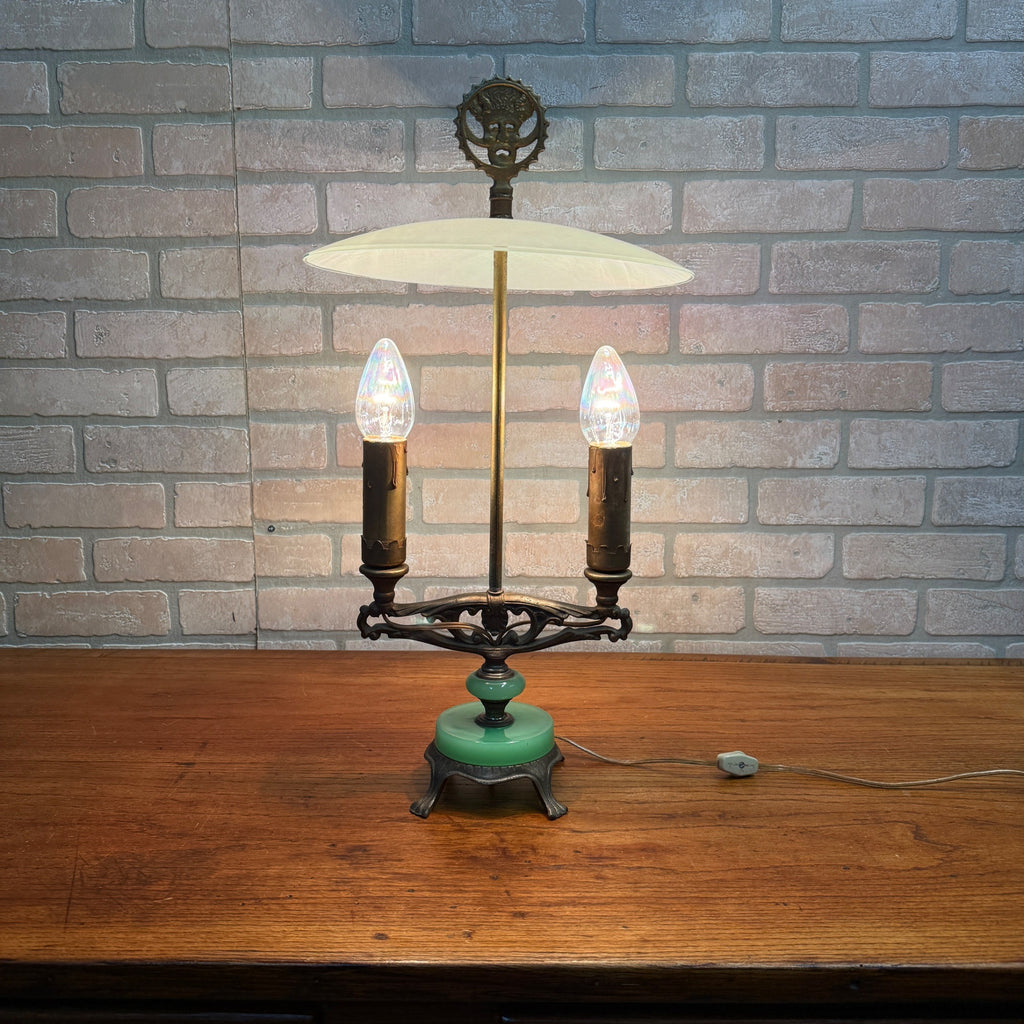 Art Deco Oscar Bach Jadeite Cast Lamp Light Devil Finial Double Socket Parlor