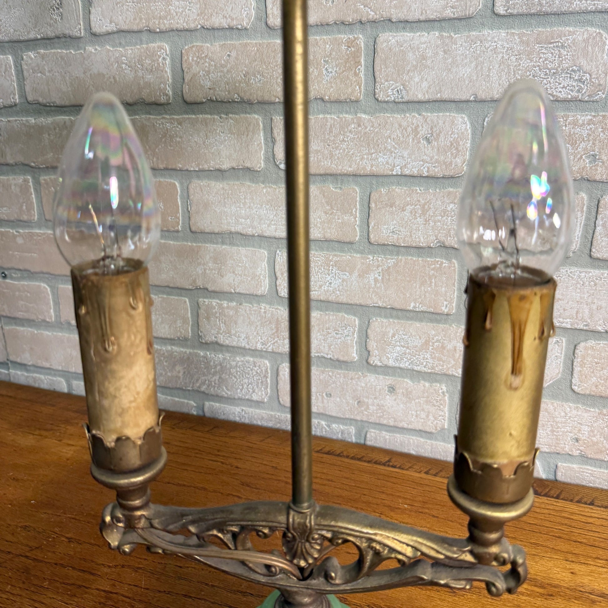 Art Deco Oscar Bach Jadeite Cast Lamp Light Devil Finial Double Socket Parlor