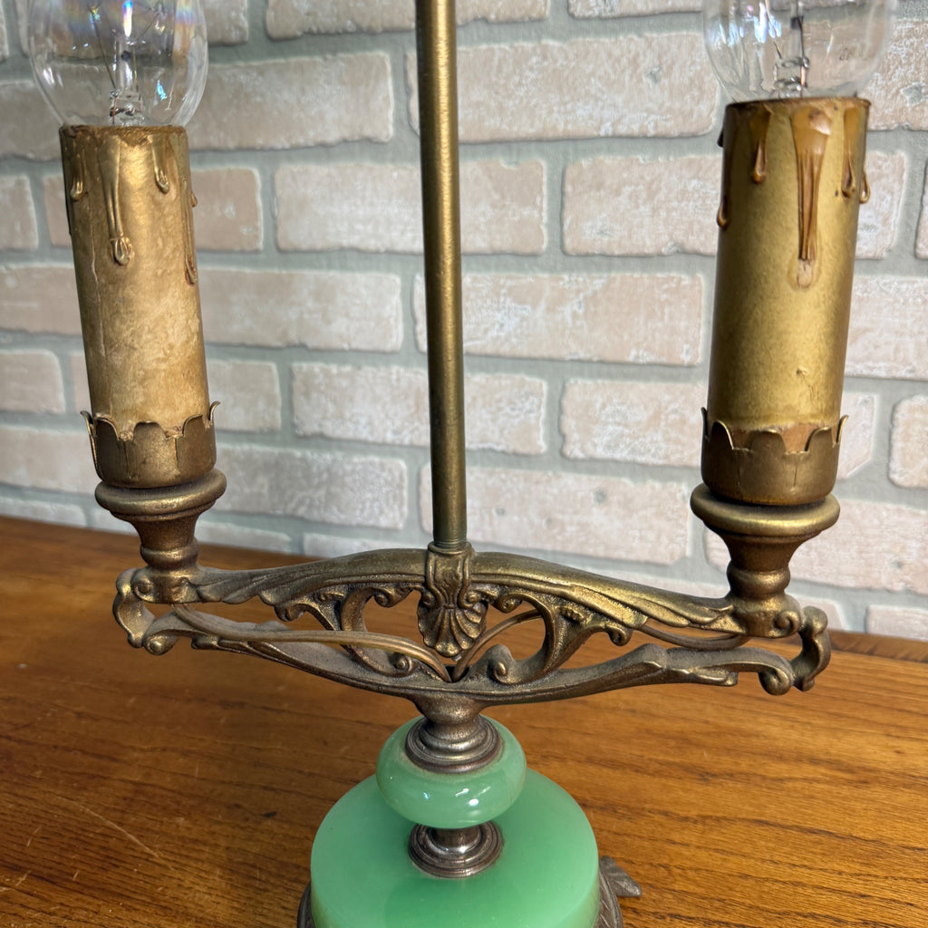Art Deco Oscar Bach Jadeite Cast Lamp Light Devil Finial Double Socket Parlor