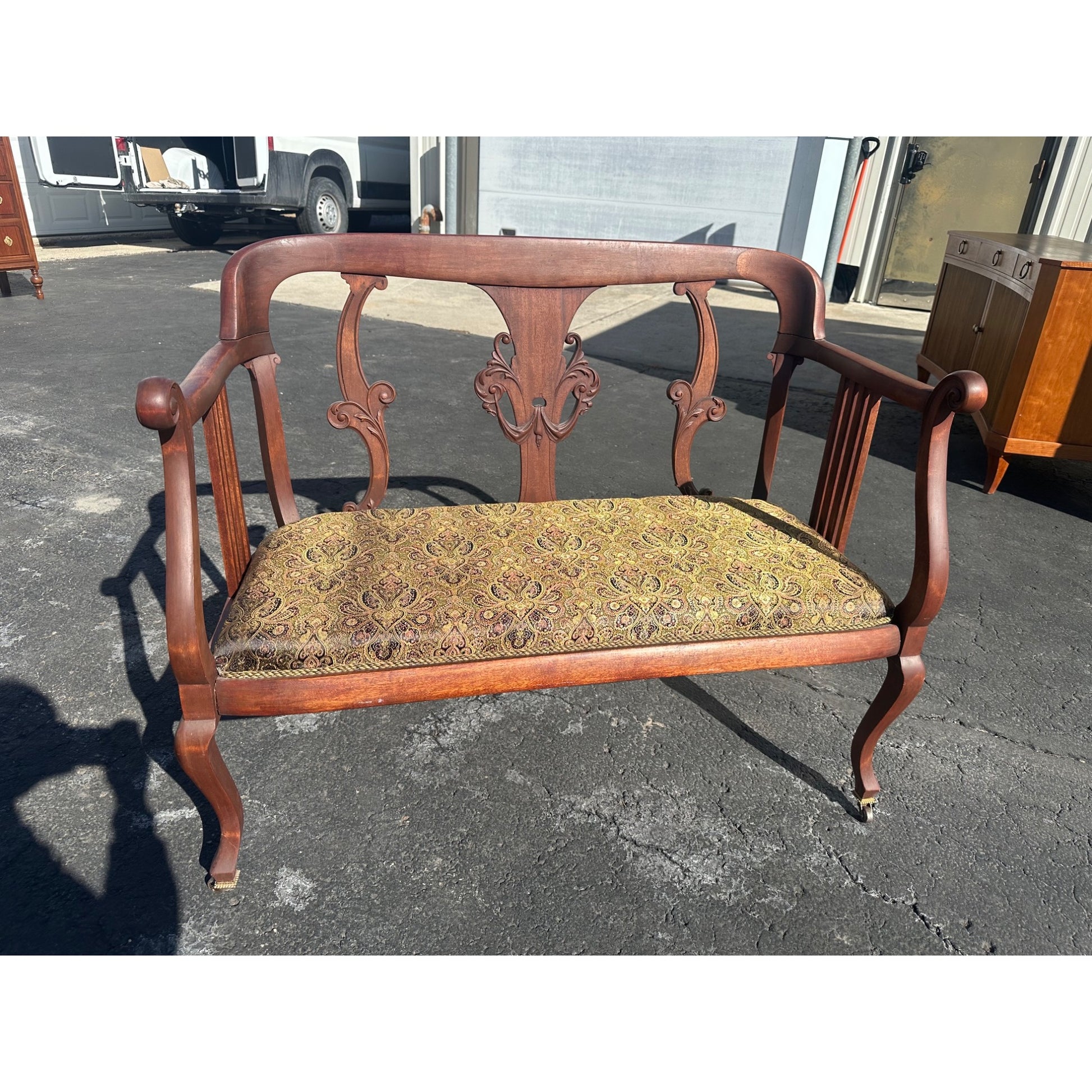 Antique Victorian 1800s Settee Bench Sofa Chaise Wood w/ Padded Seat Refurbished