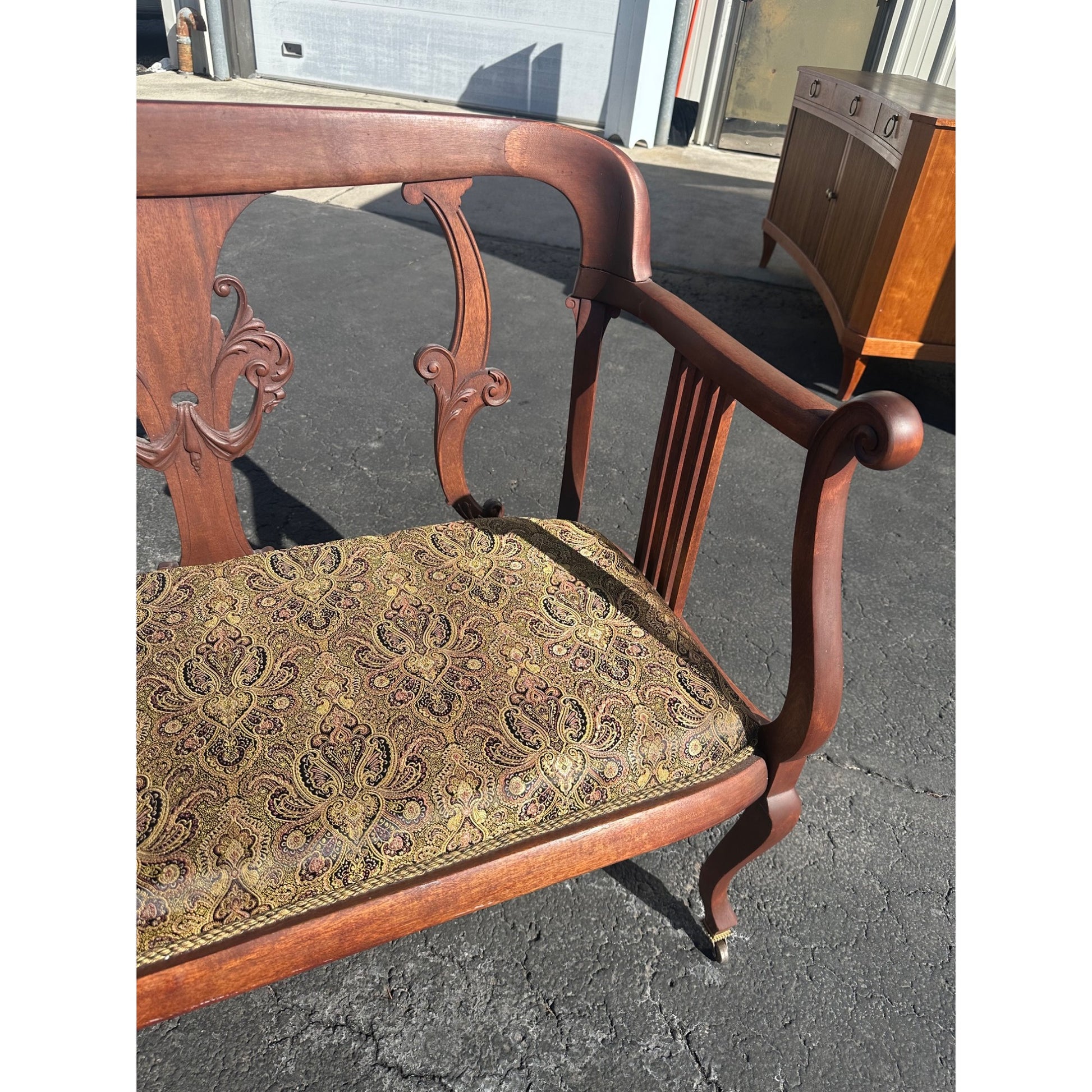 Antique Victorian 1800s Settee Bench Sofa Chaise Wood w/ Padded Seat Refurbished