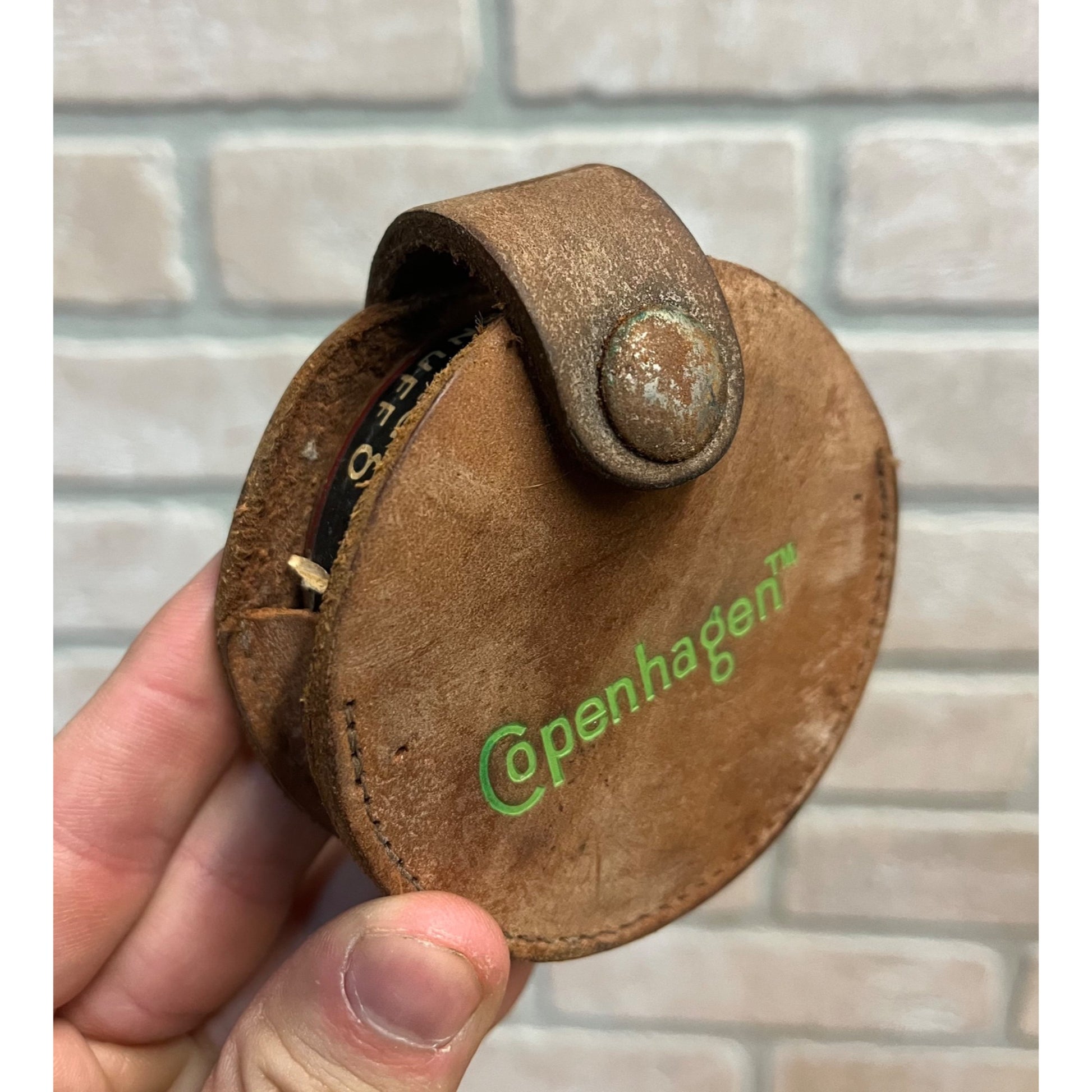 Vintage Copenhagen Leather Can Holder for Belt Loop + Early Cardboard Tin Can