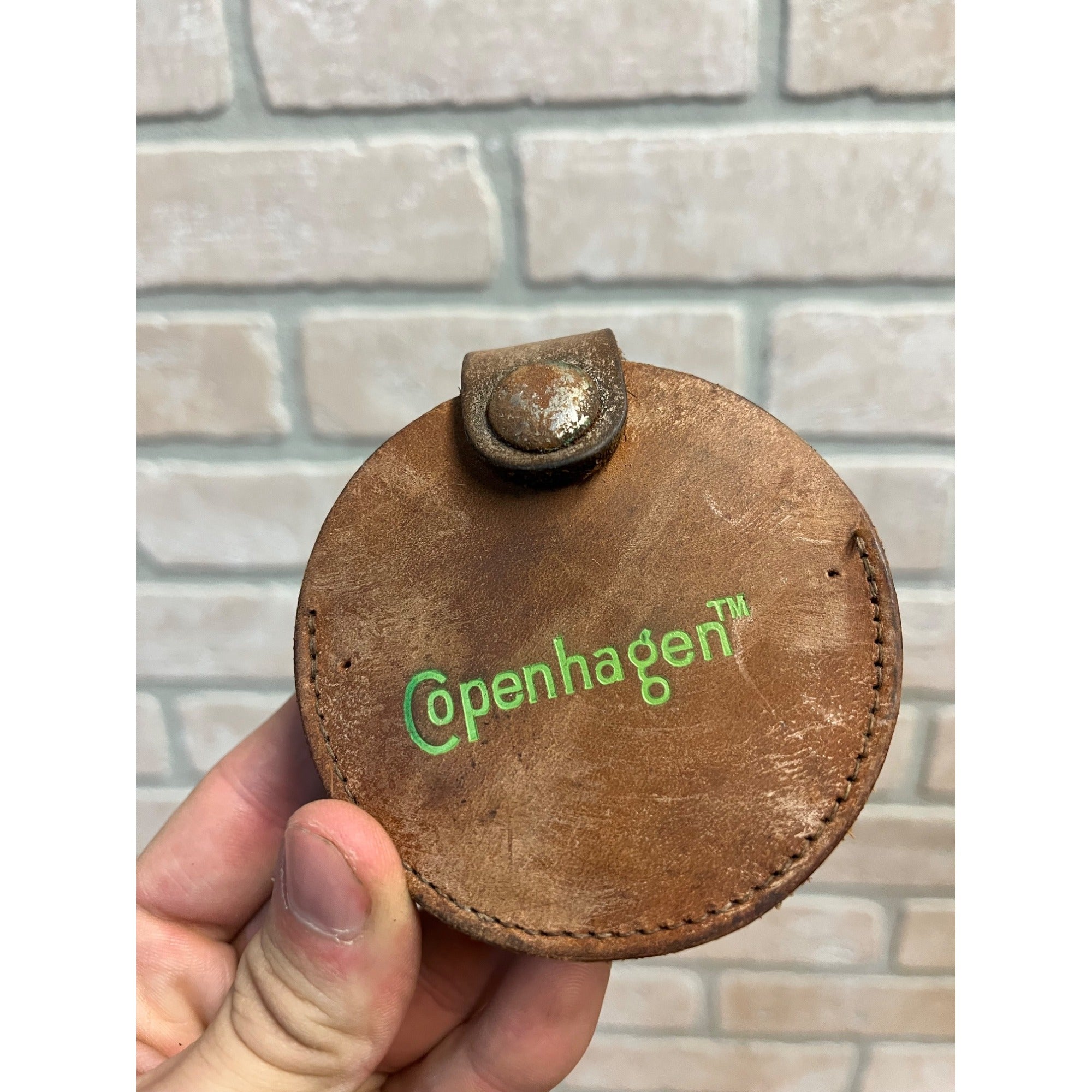 Vintage Copenhagen Leather Can Holder for Belt Loop + Early Cardboard Tin Can