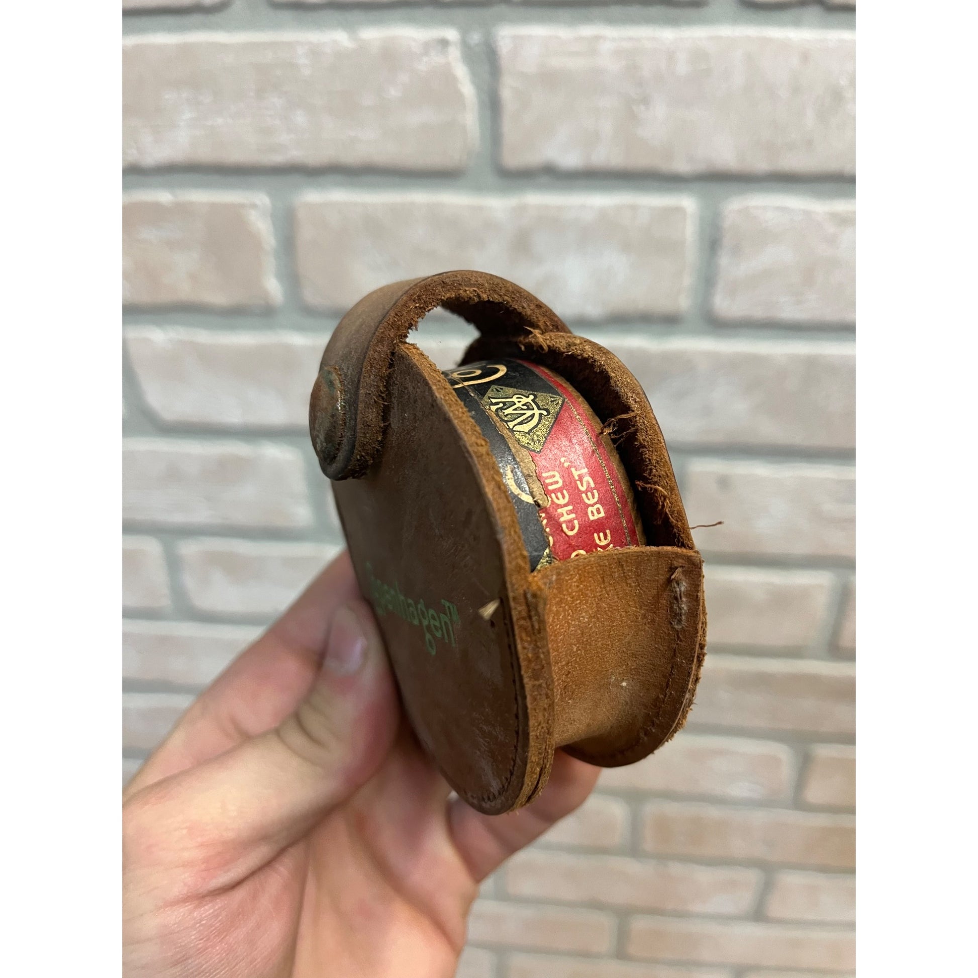 Vintage Copenhagen Leather Can Holder for Belt Loop + Early Cardboard Tin Can