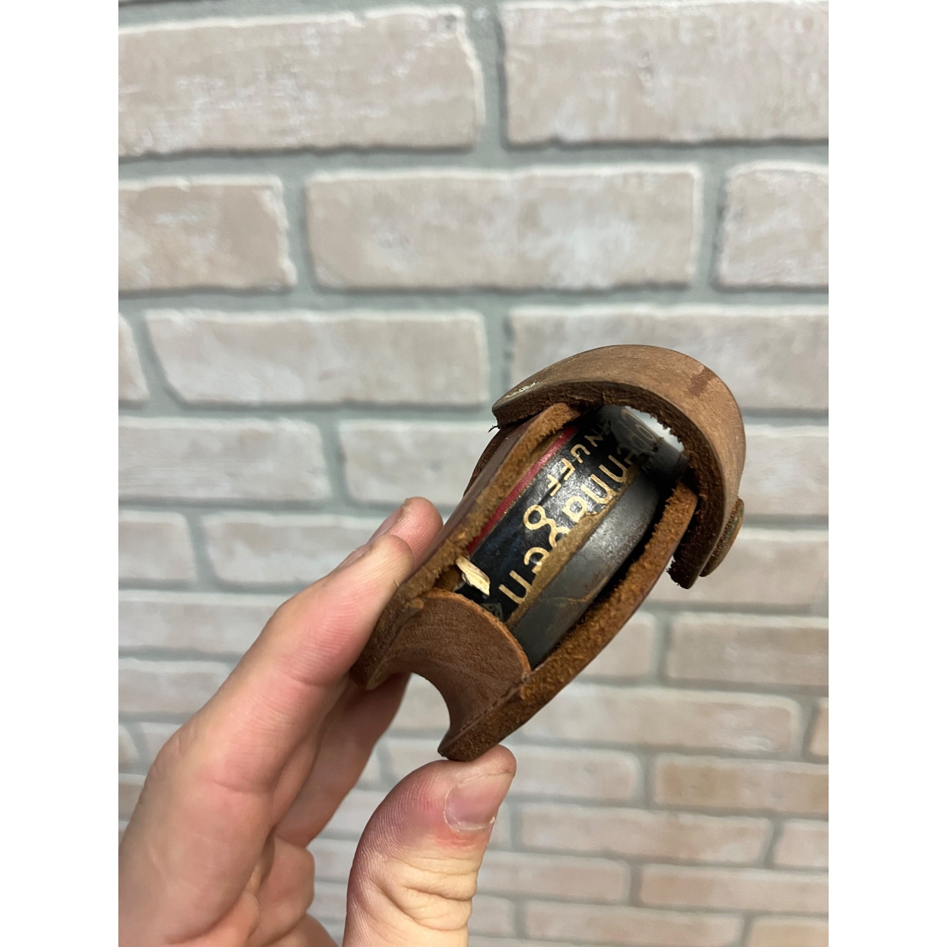 Vintage Copenhagen Leather Can Holder for Belt Loop + Early Cardboard Tin Can